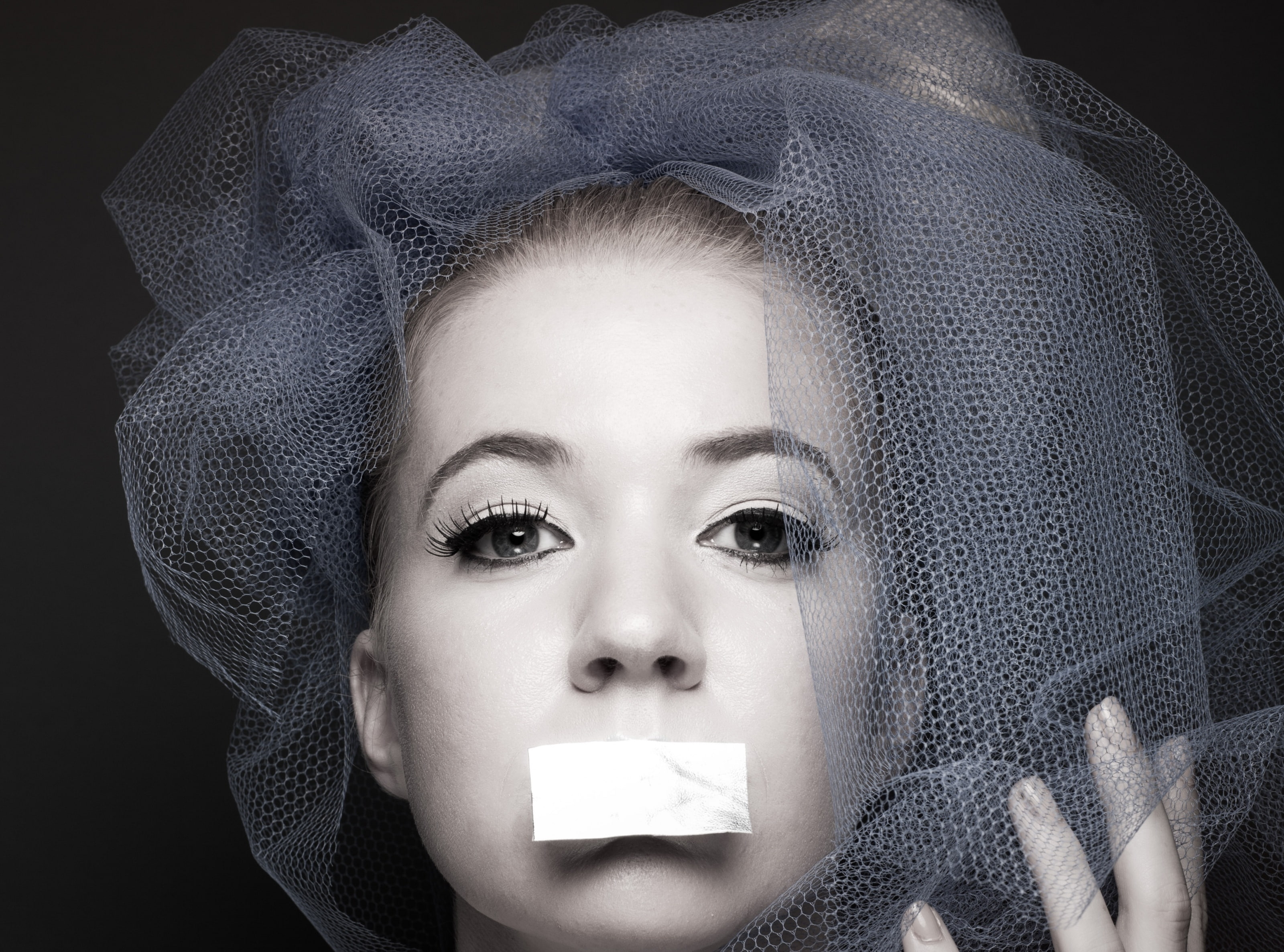 real people, speechless, human body part, front view, headshot, indoors, avantgarde, one person, veil, 2K, adult, Studio, blue, close-up, mesh, portrait, HD Wallpaper