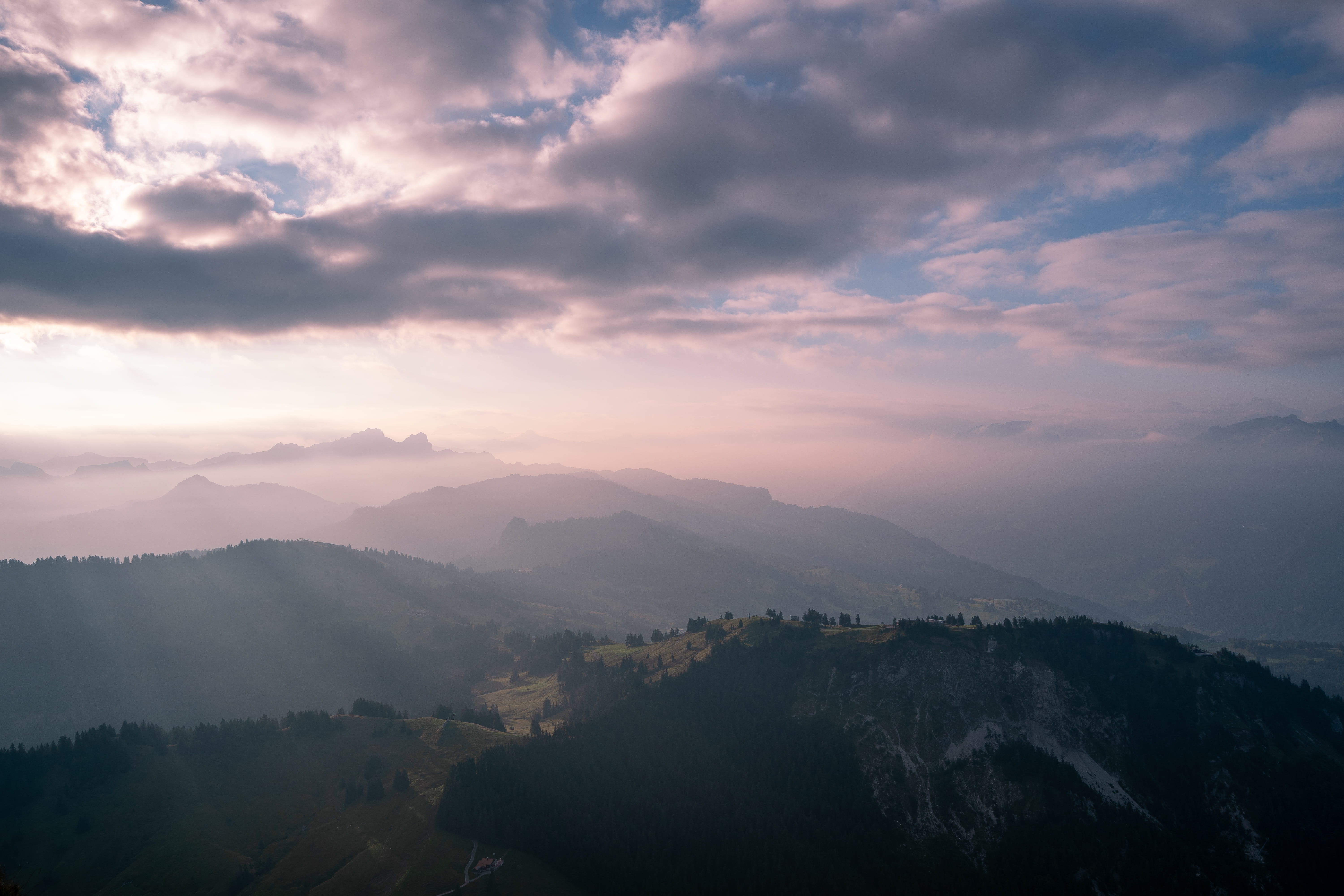 sunrise, beauty in nature, peak, no people, hill, schwyz, nature, panoramic, fog, cloud - sky, weather, environment, scenics - nature, cumulus, countryside, HD Wallpaper