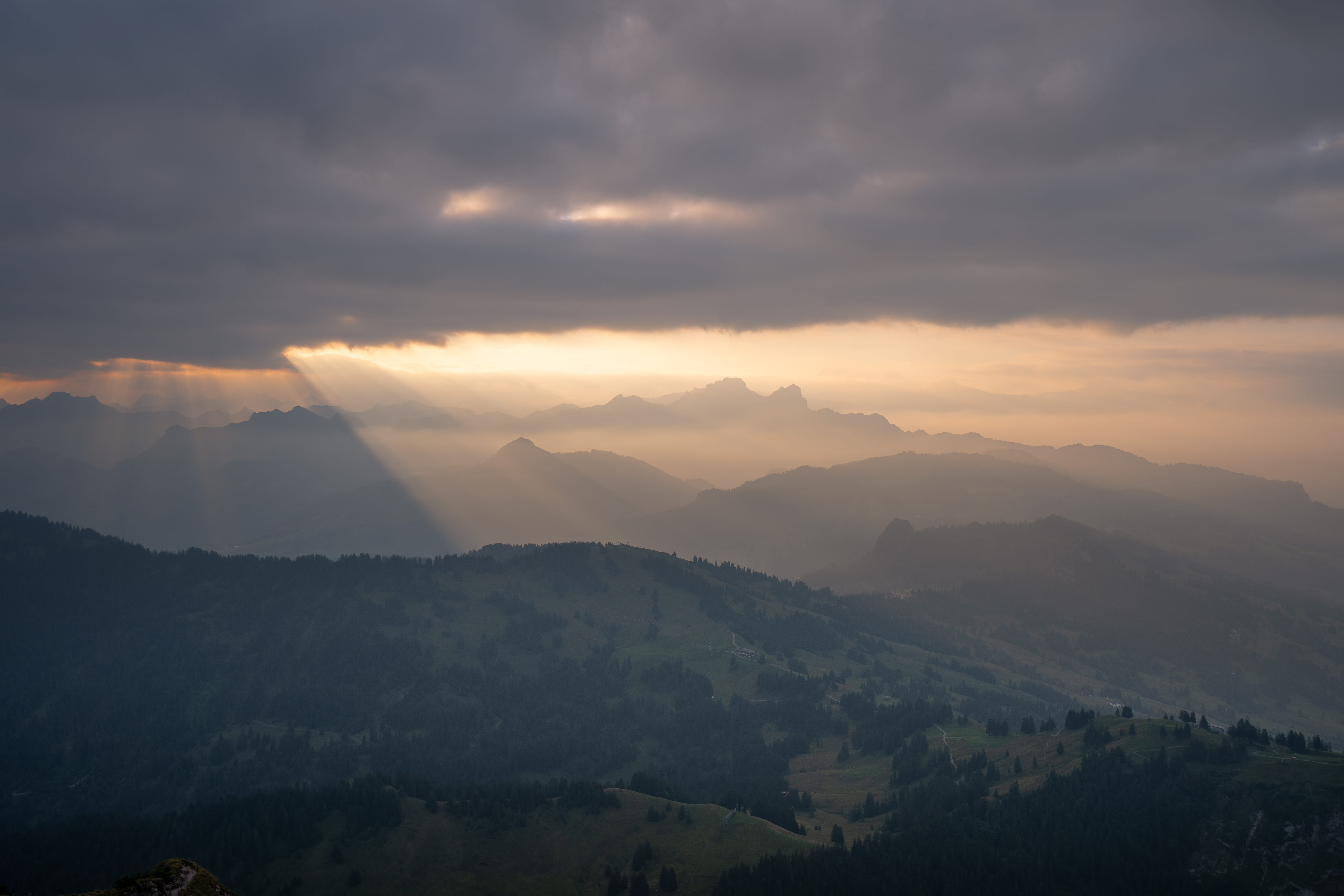 mountain range, idyllic, tree, outdoors, alps, tranquil scene, beauty in nature, nature, majestic, grosser mythen, tranquility, 5K, sunray, schwyz, hazy, HD Wallpaper