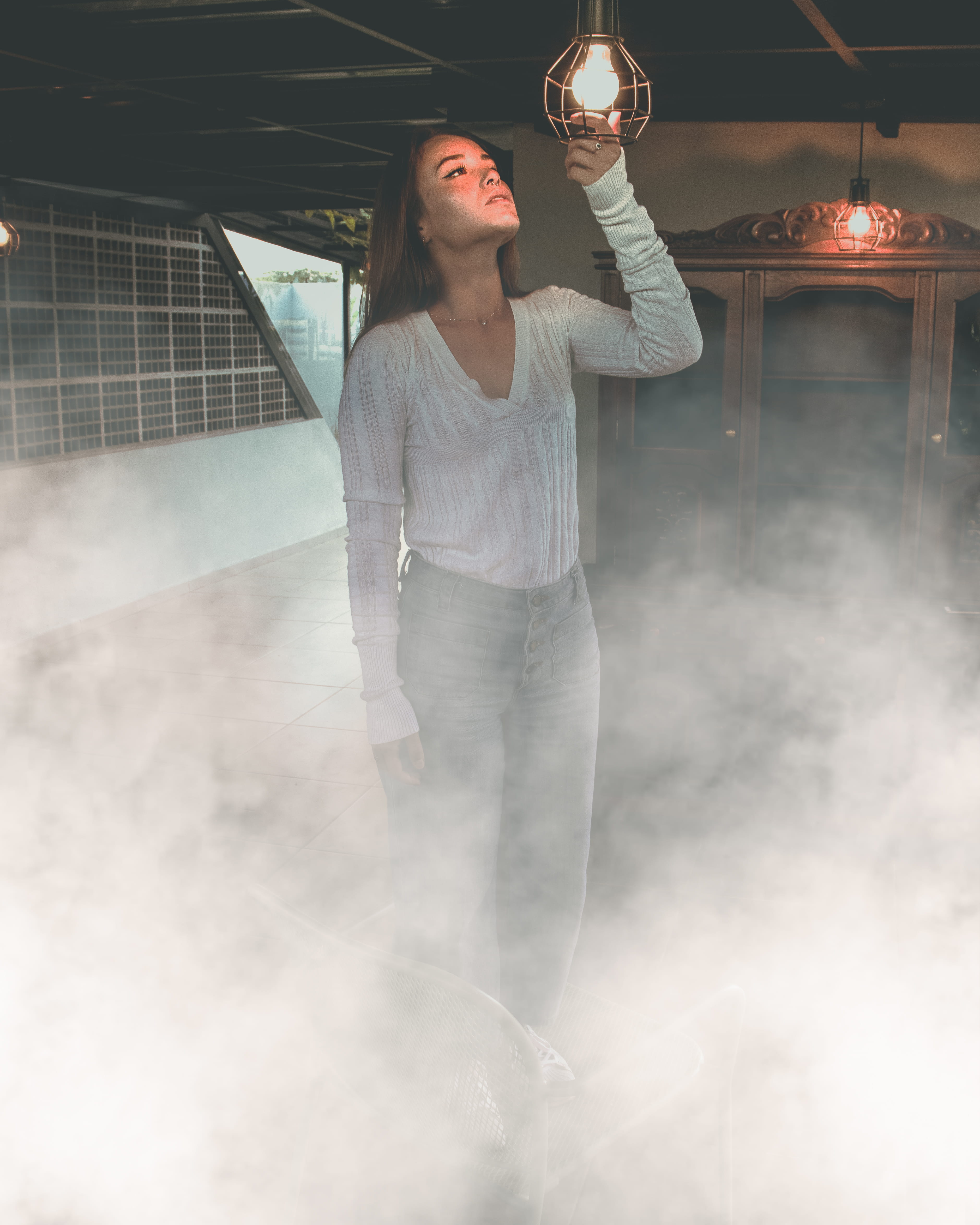 smoky, youth, front view, lightbulbs, beauty, leisure activity, smoke - physical structure, photoshoot, beautiful, pose, room, fashionable, close-up, posing, Phone HD Wallpaper