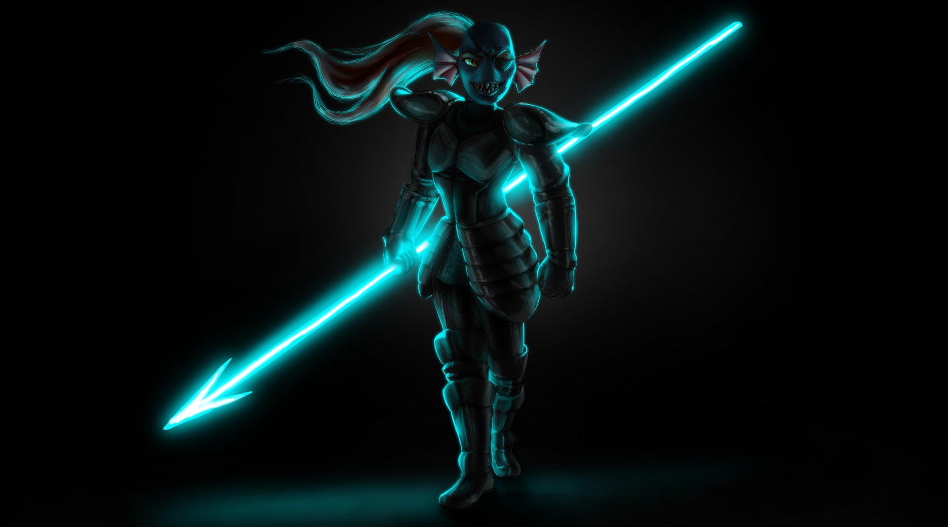 Undertale, Spear, Boots, Eye Patch, Armor, Glove, Teeth, Weapon, Glow, Video Game, 1080P, Undyne (Undertale), Smile, Girl, HD Wallpaper