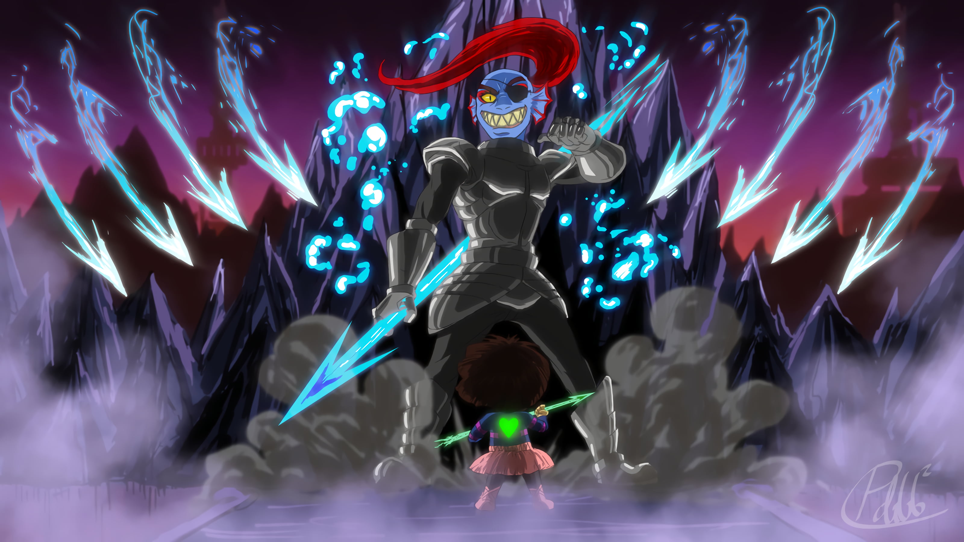 digital art, heart, 2K, skirt, video game art, Undertale, spear, Frisk, Undyne, video games, fan art, HD Wallpaper