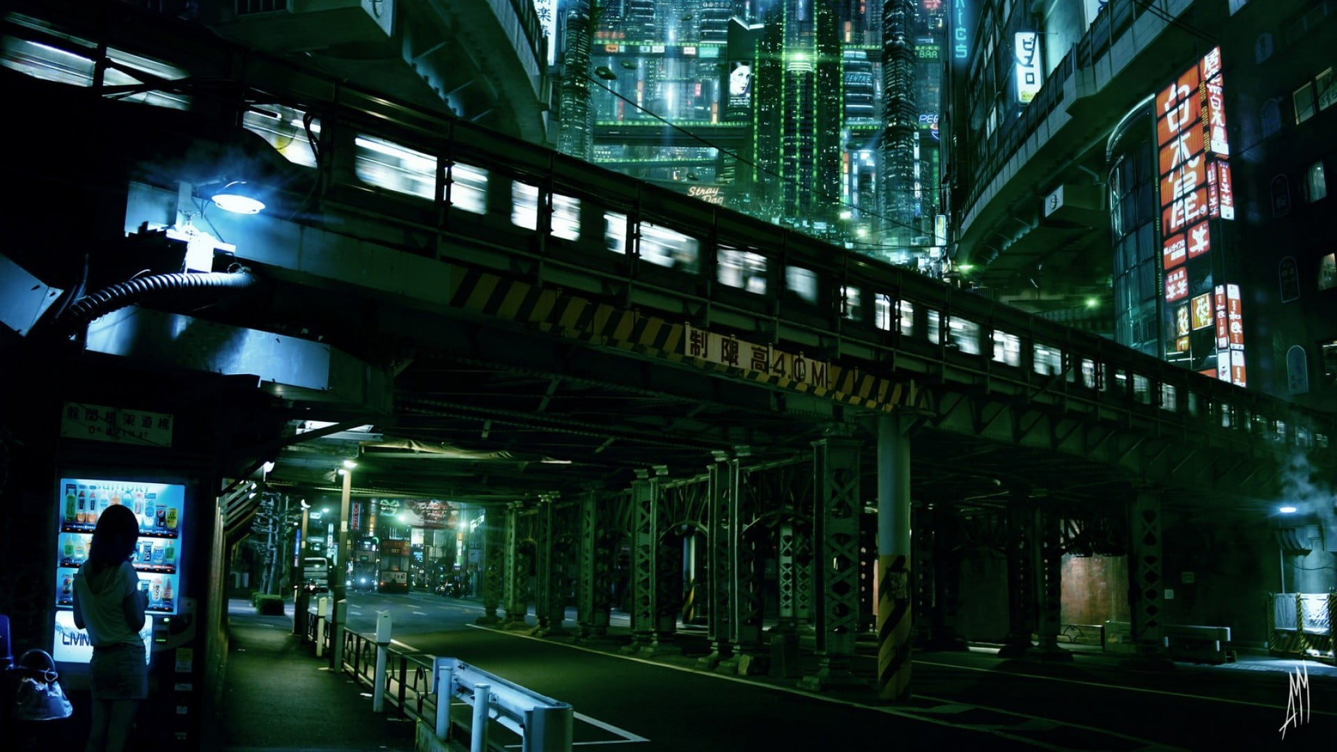 connection, illuminated, architectural column, mode of transportation, travel, group of people, incidental people, Japan, cyberpunk, rail transportation, HD Wallpaper