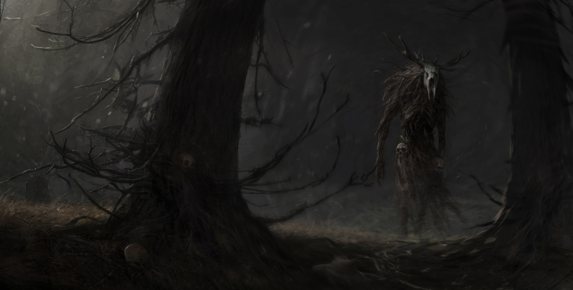 horror, river, 1080P, ancient, skull, creature, Artem Demura, forest, HD Wallpaper