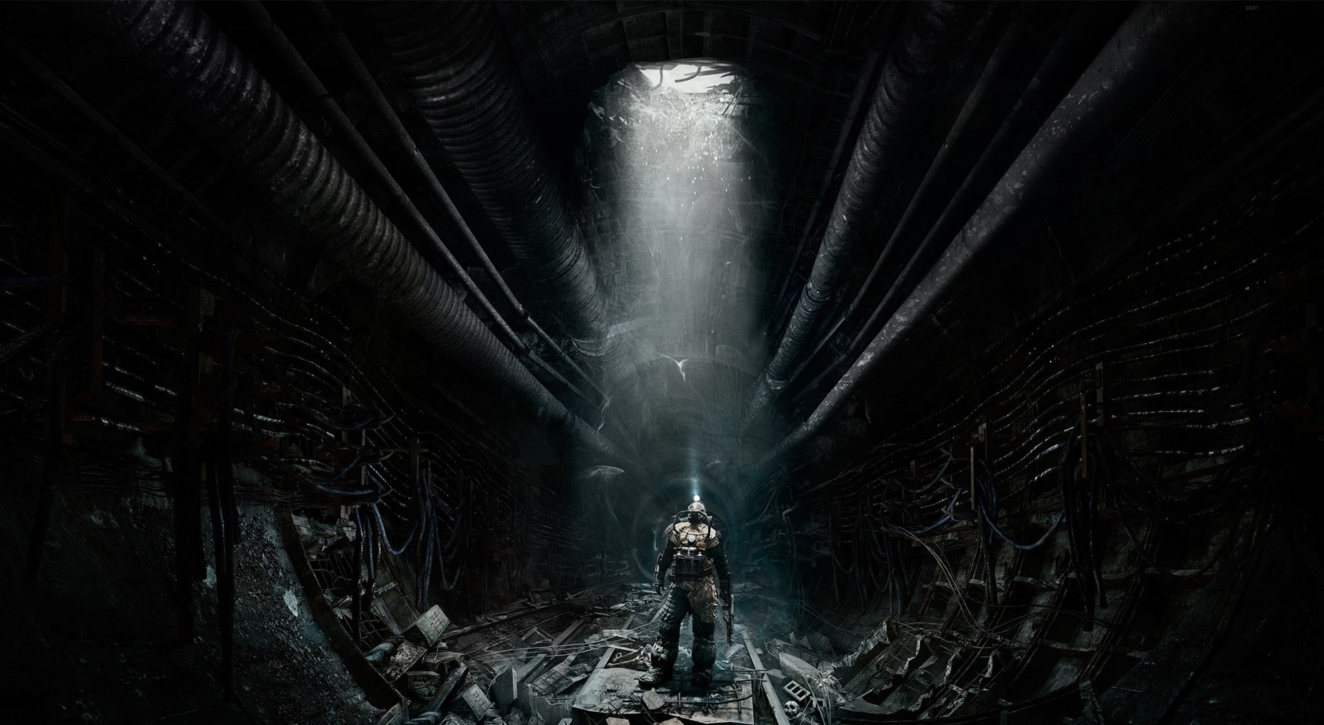 transportation, pipe - tube, architecture, Metro: Last Light, abandoned, front view, dark, technology, indoors, illuminated, ceiling, light - natural phenomenon, HD Wallpaper