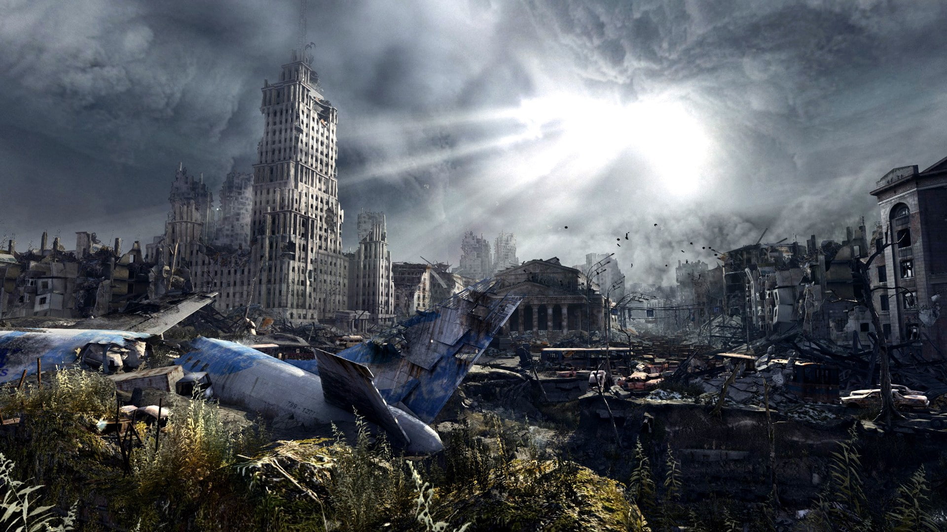 nature, 1080P, spooky, building exterior, office building exterior, sky, skyscraper, building, storm, cityscape, ominous, city, water, cloud - sky, digital composite, HD Wallpaper
