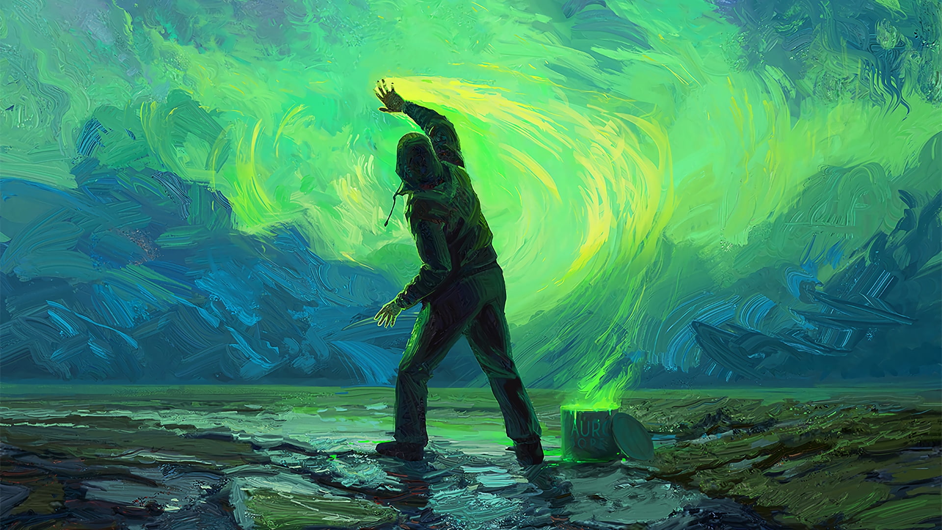 green sky, sky painting, aurorae, Artem Chebokha, 1080P, HD Wallpaper