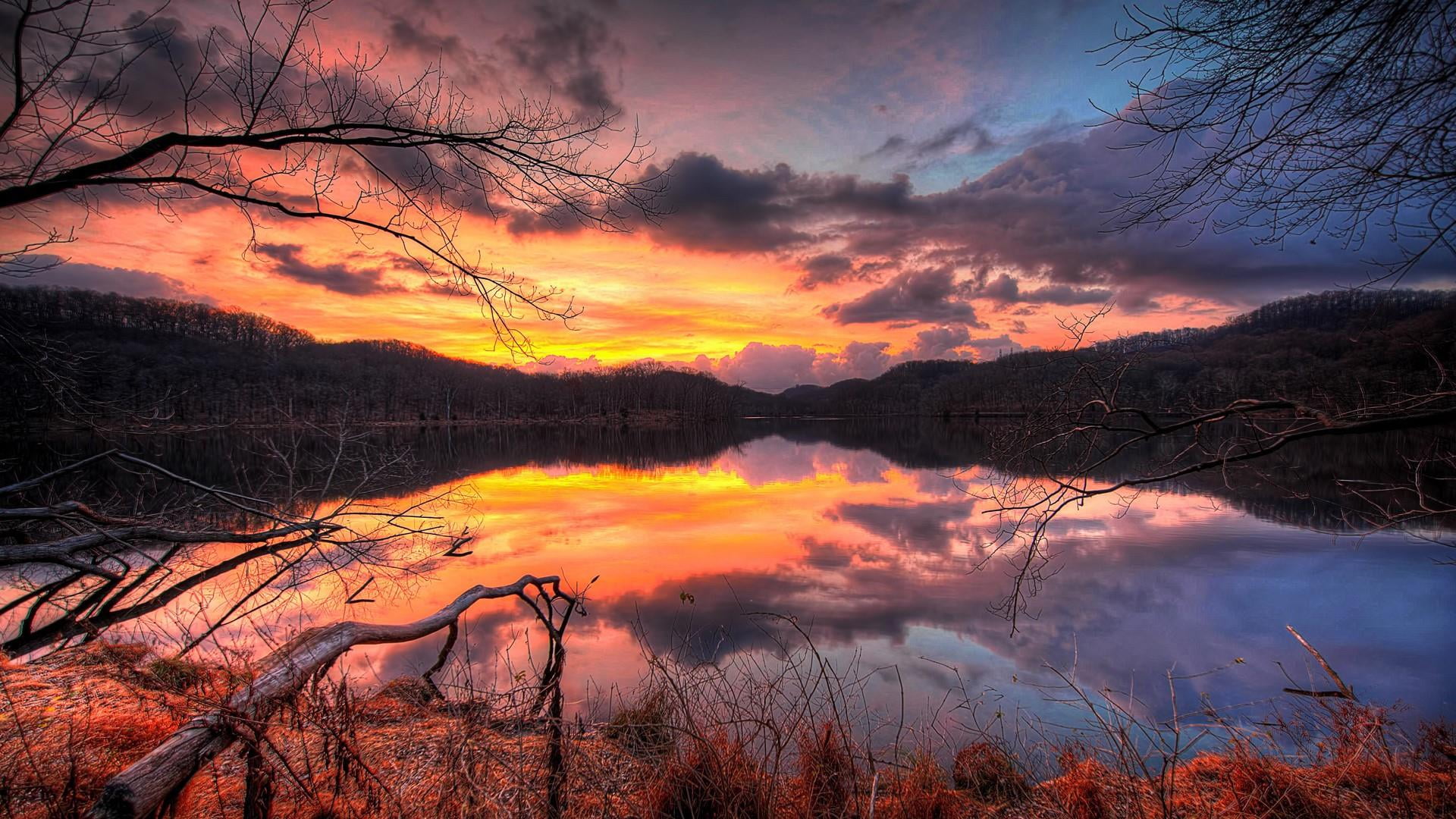 reflection lake, twilight, outdoors, lake, evening, dusk, tree, tranquil scene, idyllic, autumn, 1080P, cloud - sky, land, fall, wilderness, forest, reflection, HD Wallpaper