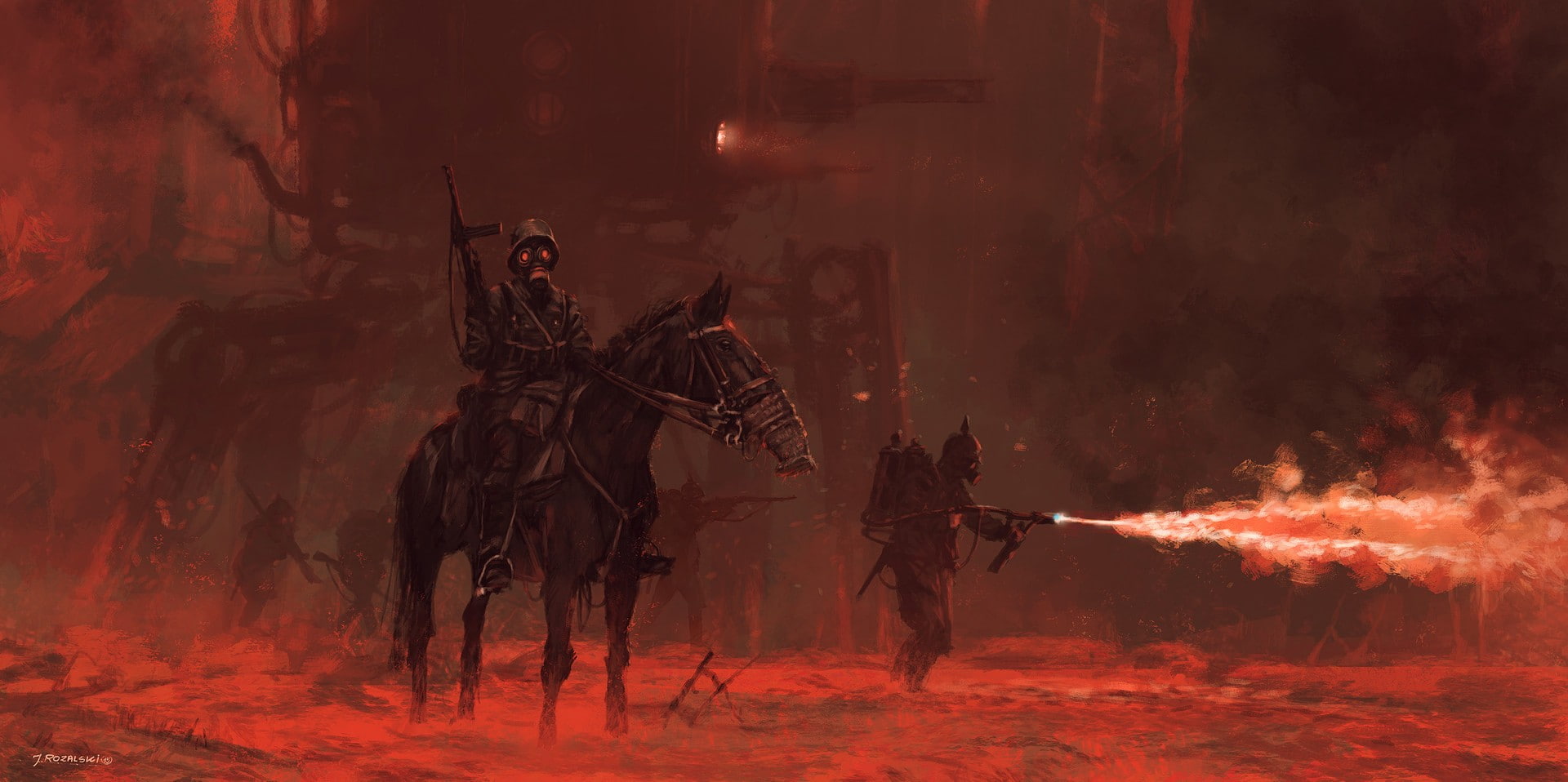 Flamethrower, military, digital art, 1080P, gas masks, HD Wallpaper