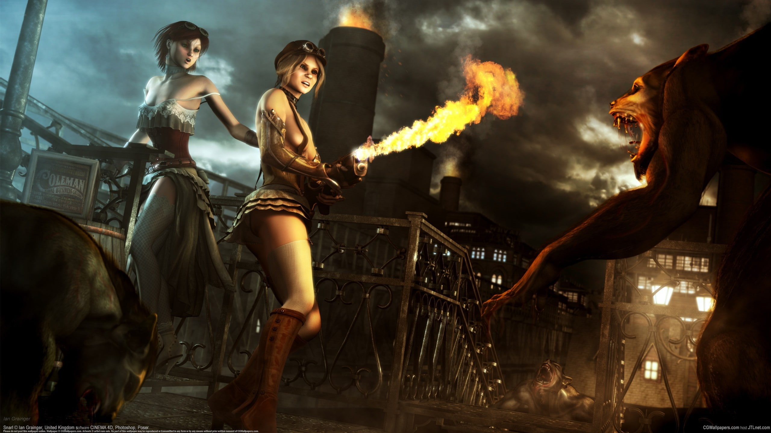 werewolves, Ian Grainger, girls, flamethrower, monsters, 2K, HD Wallpaper