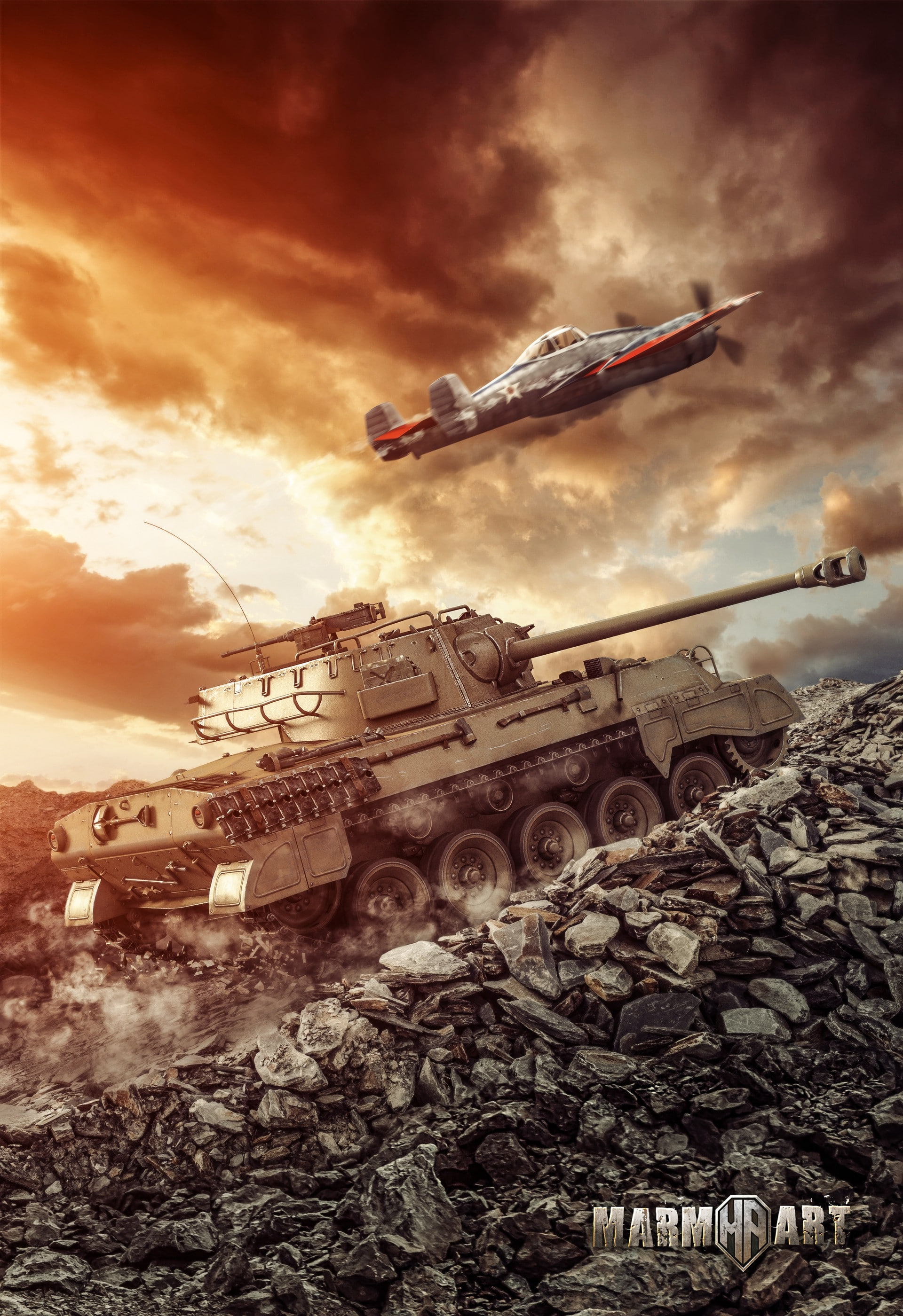 2K, conflict, outdoors, sky, the past, government, fighting, dramatic sky, war, military, city, history, air vehicle, M18 Hellcat, armed forces, pollution, Phone HD Wallpaper