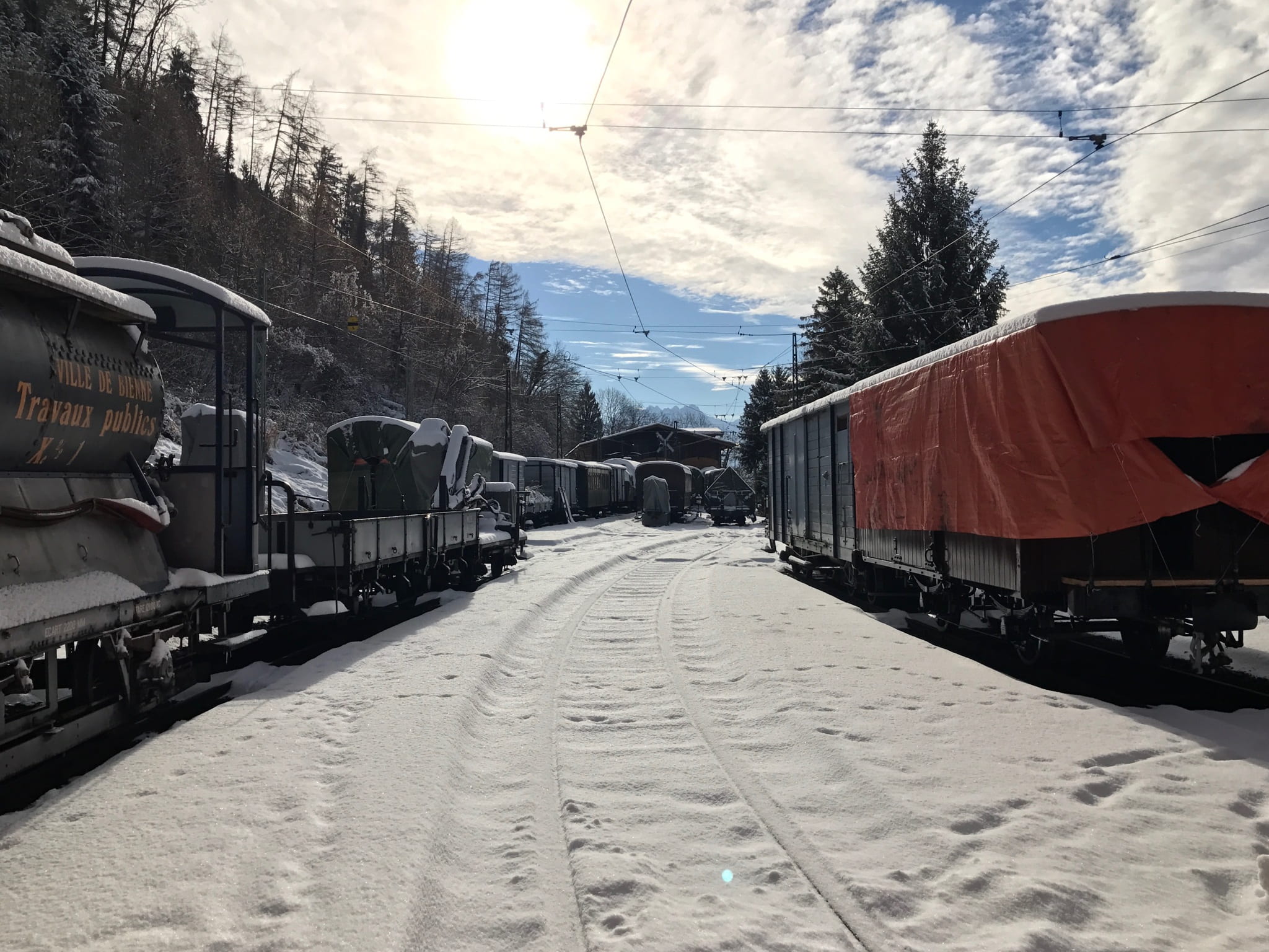 train - vehicle, track, steam, 1080P, trucks, transportation, line, railroad, land vehicle, snowcapped mountain, swiss, diminishing perspective, no people, HD Wallpaper