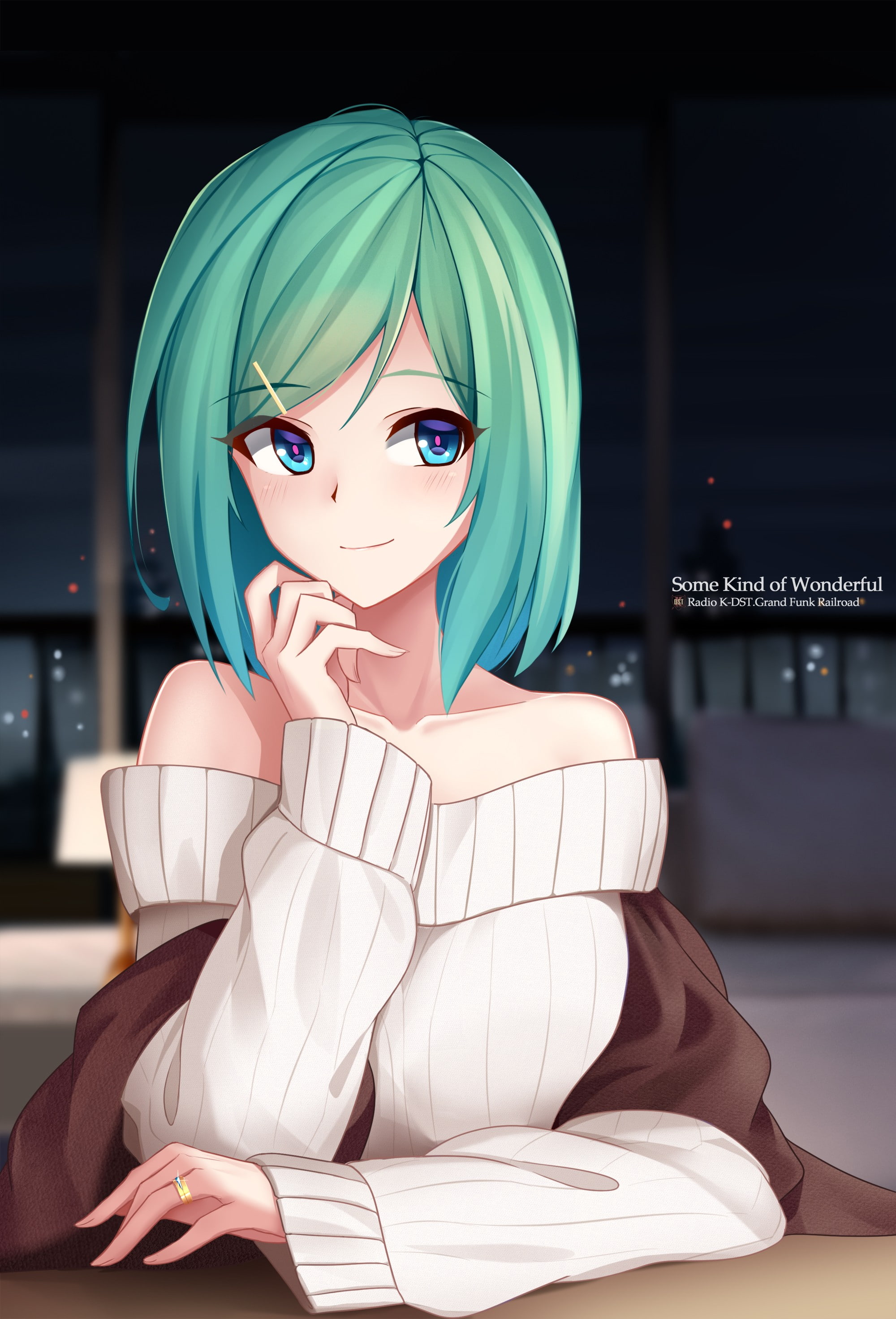 anime, aqua hair, 2K, short hair, anime girls, sweater, blue eyes, original characters, Phone HD Wallpaper