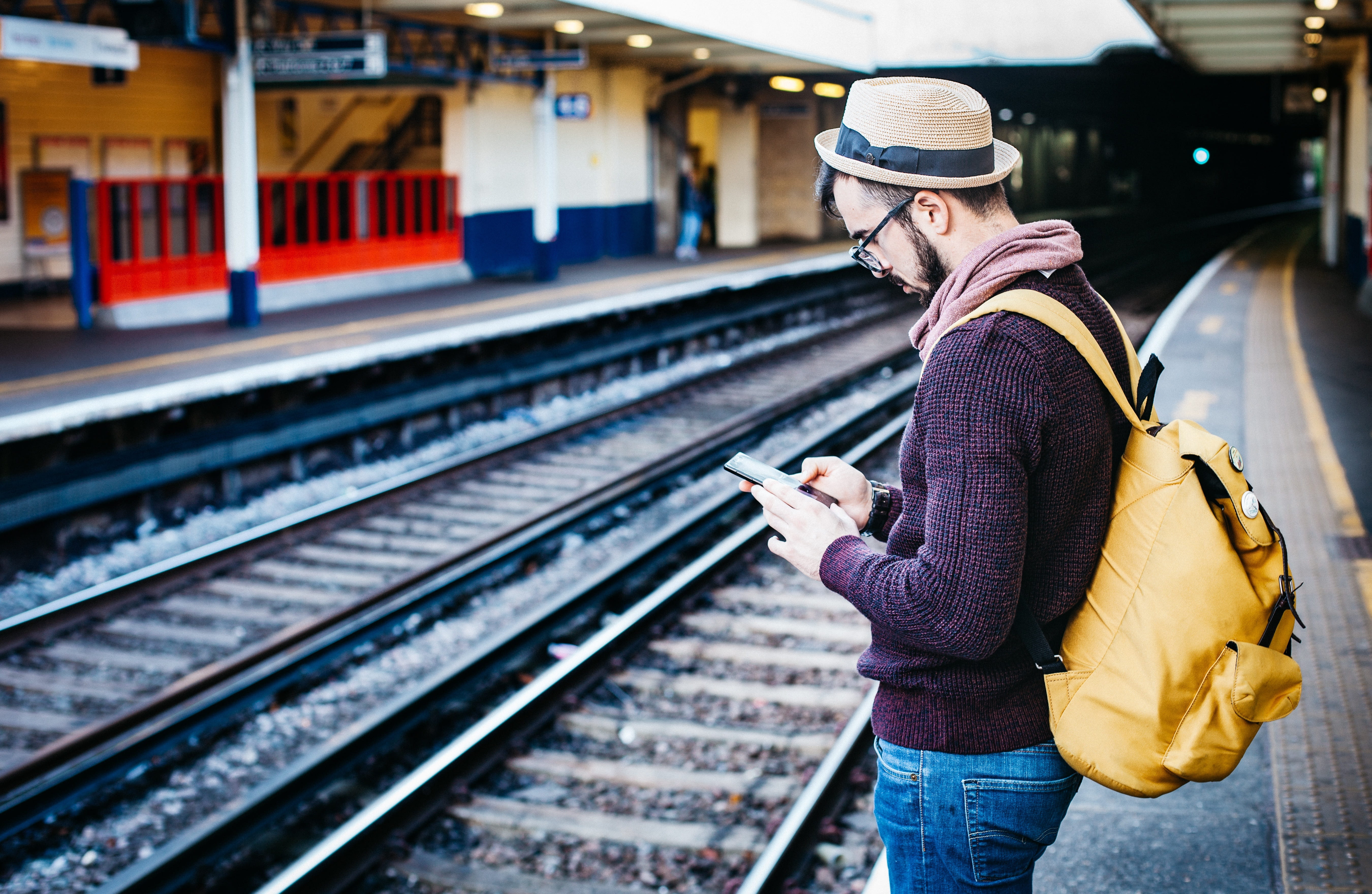 lifestyles, public transportation, 5K, travel, man, one person, wireless technology, phone, track, station, architecture, railroad track, clothing, smartphone, HD Wallpaper
