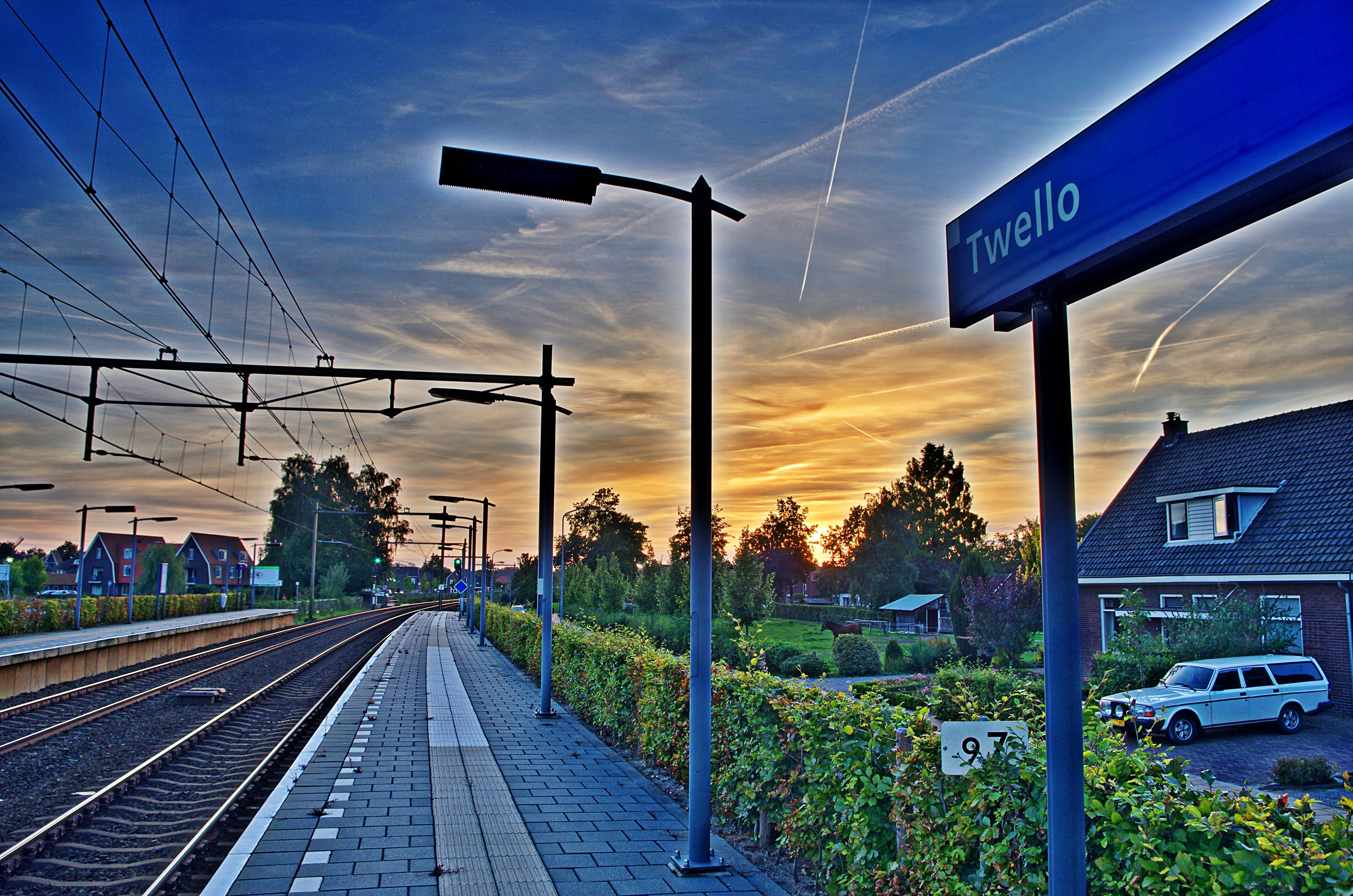 country, sign, summer, station, travel, transportation, outside, trees, guidance, plant, Hdr, countryside, railroad Track, architecture, electricity, nature, HD Wallpaper