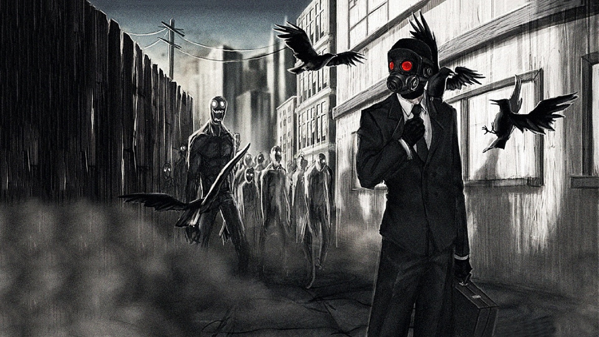 1080P, birds, gas masks, artwork, dark, apocalyptic, suits, HD Wallpaper