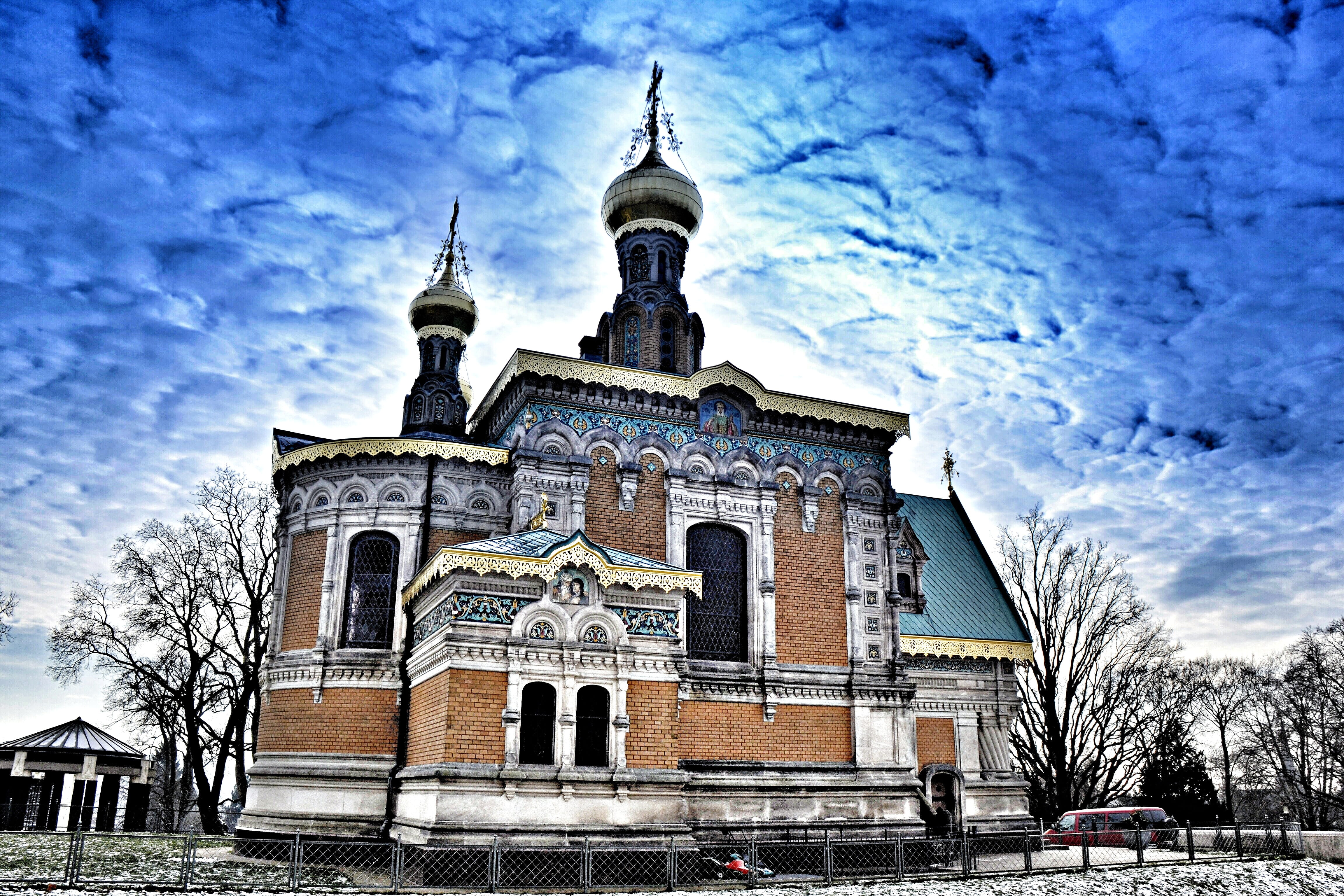 famous Place, snow, no people, Darmstadt, spirituality, spire, building Exterior, cloud - sky, cultures, cold temperature, russian, orthodox Church, history, HD Wallpaper