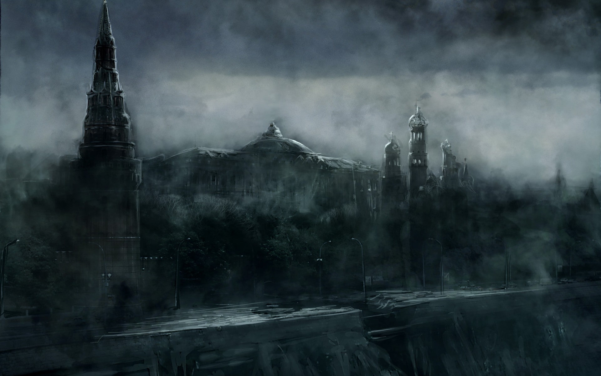 ruins, mist, art, digital, fantasy, 1080P, post, apocalyptic, buildings, architecture, HD Wallpaper
