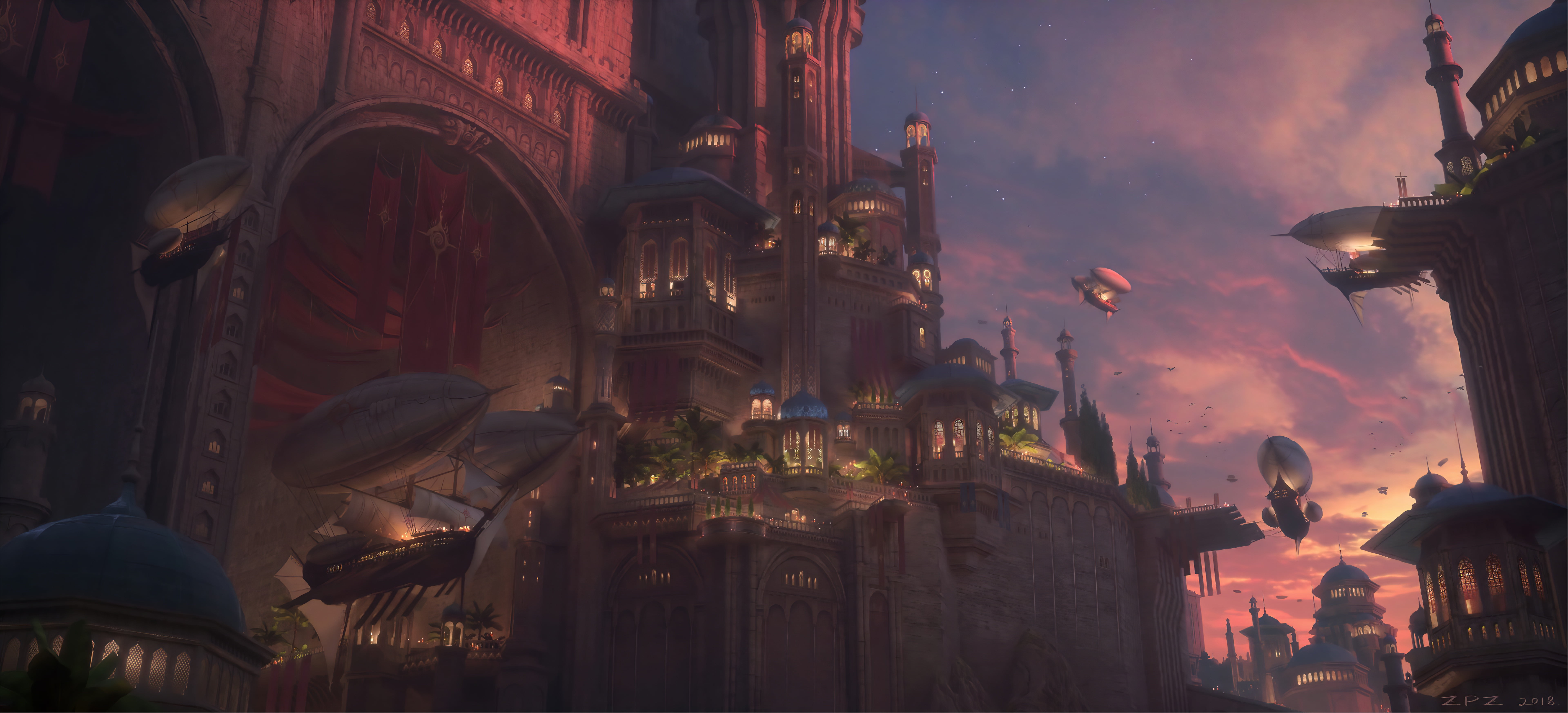 sky, vehicles, city, twilight, airships, sunset, 8K, buildings, fantasy art, clouds, architecture, artwork, Pengzhen Zhang, digital art, fantasy, HD Wallpaper