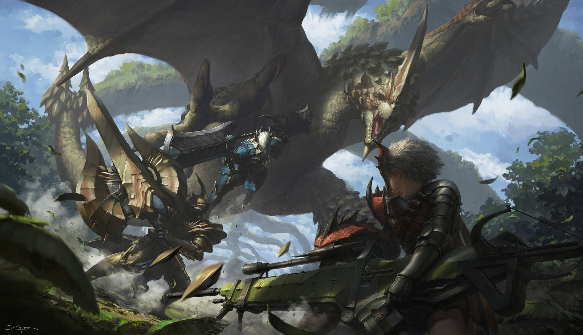 landscape, digital art, Pengzhen Zhang, Monster Hunter, 1080P, dragon, HD Wallpaper