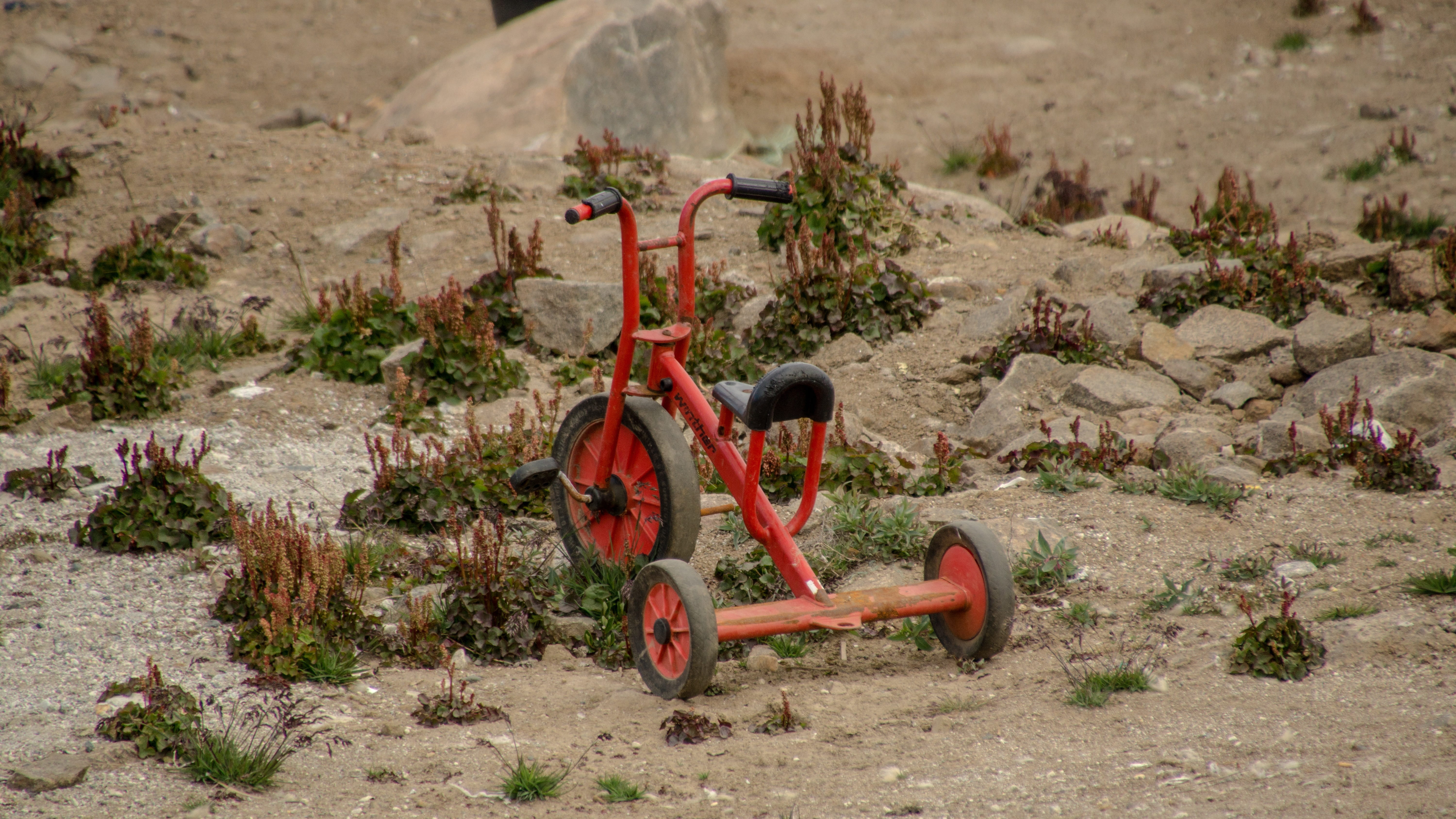 dirt, solid, agriculture, outdoors, transportation, 5K, red, industry, nature, no people, tricycle, machinery, toy, land, growth, landscape, rock - object, HD Wallpaper