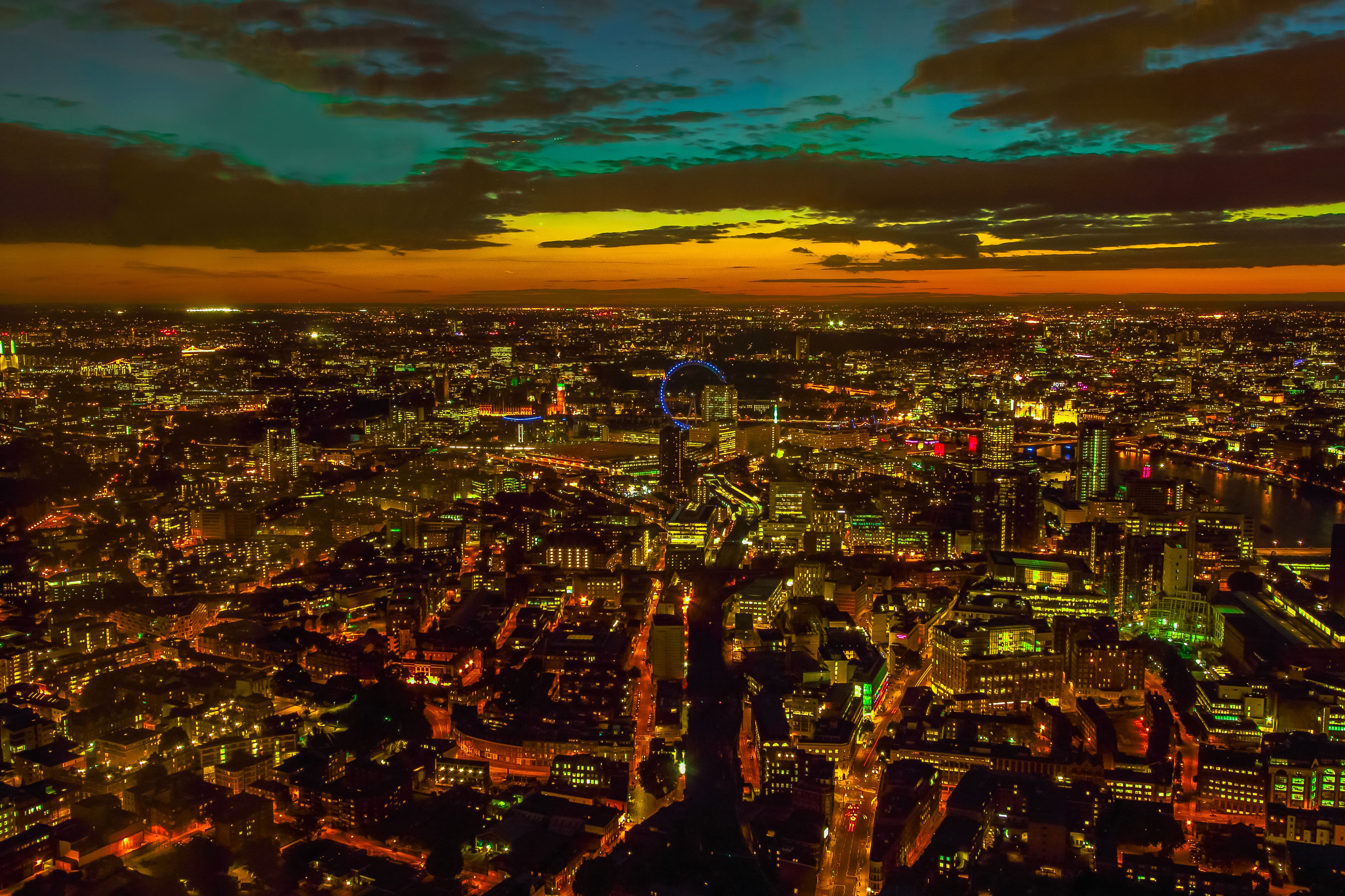 crowd, cloud - sky, accent, illuminated, modern, cityscape, crowded, london, built structure, sky, sunset, architecture, high angle view, nature, painting, HD Wallpaper