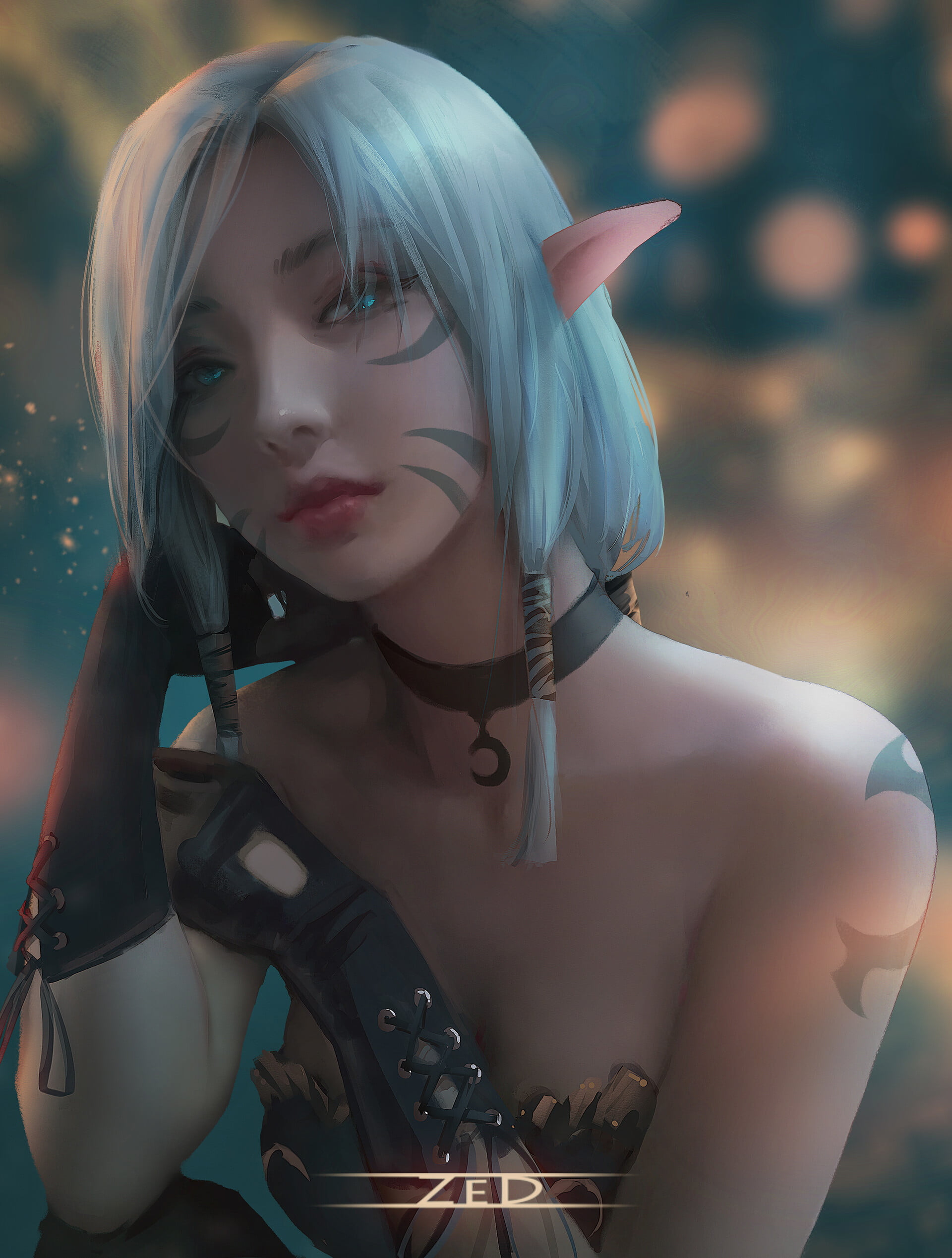 drawing, blue hair, women, choker, Trungbui, blue eyes, portrait, 1080P, face paint, elves, Phone HD Wallpaper