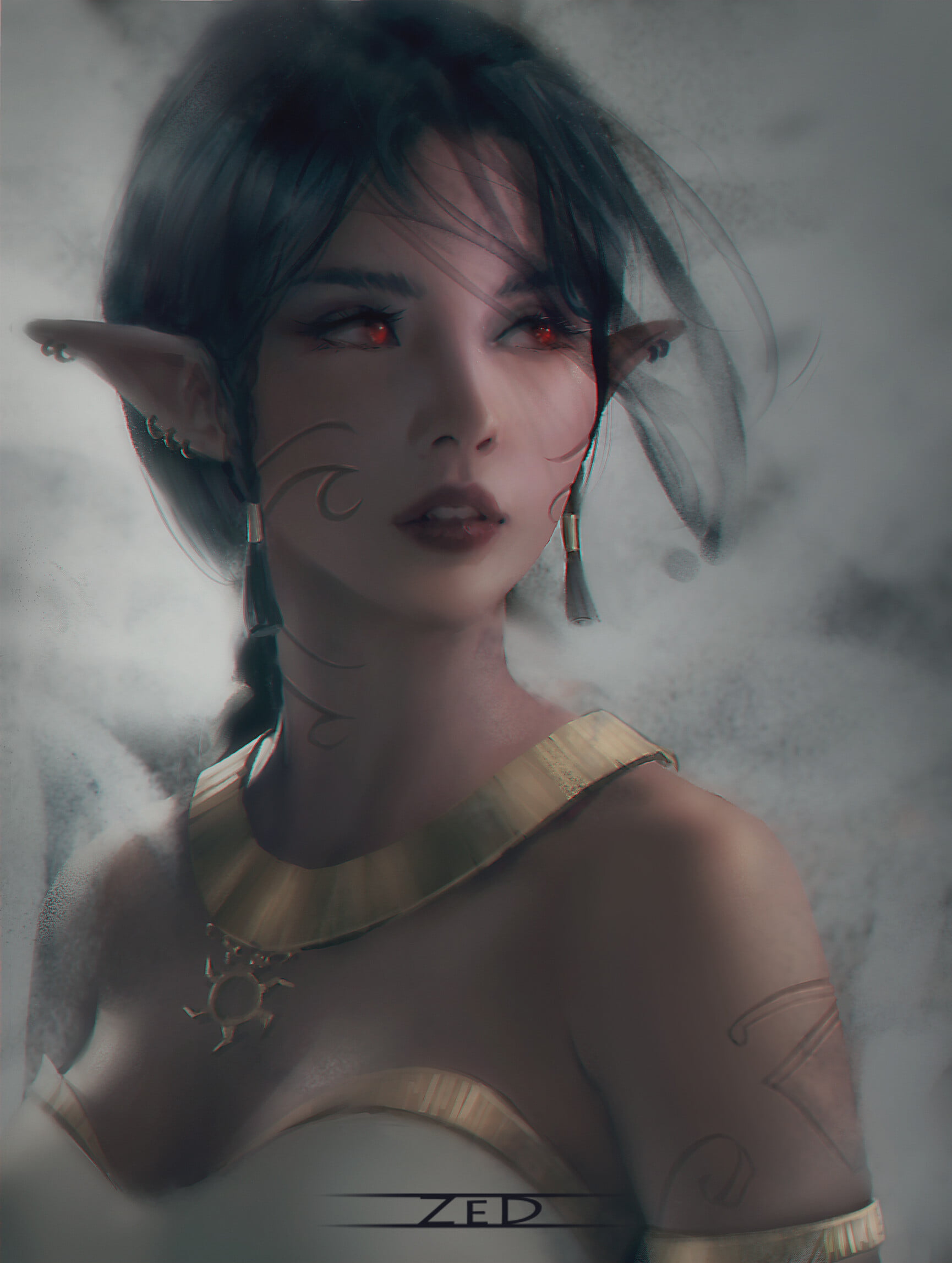 Trungbui, red eyes, jewelry, 1080P, drawing, gold, women, dark hair, pierced ear, necklace, Phone HD Wallpaper
