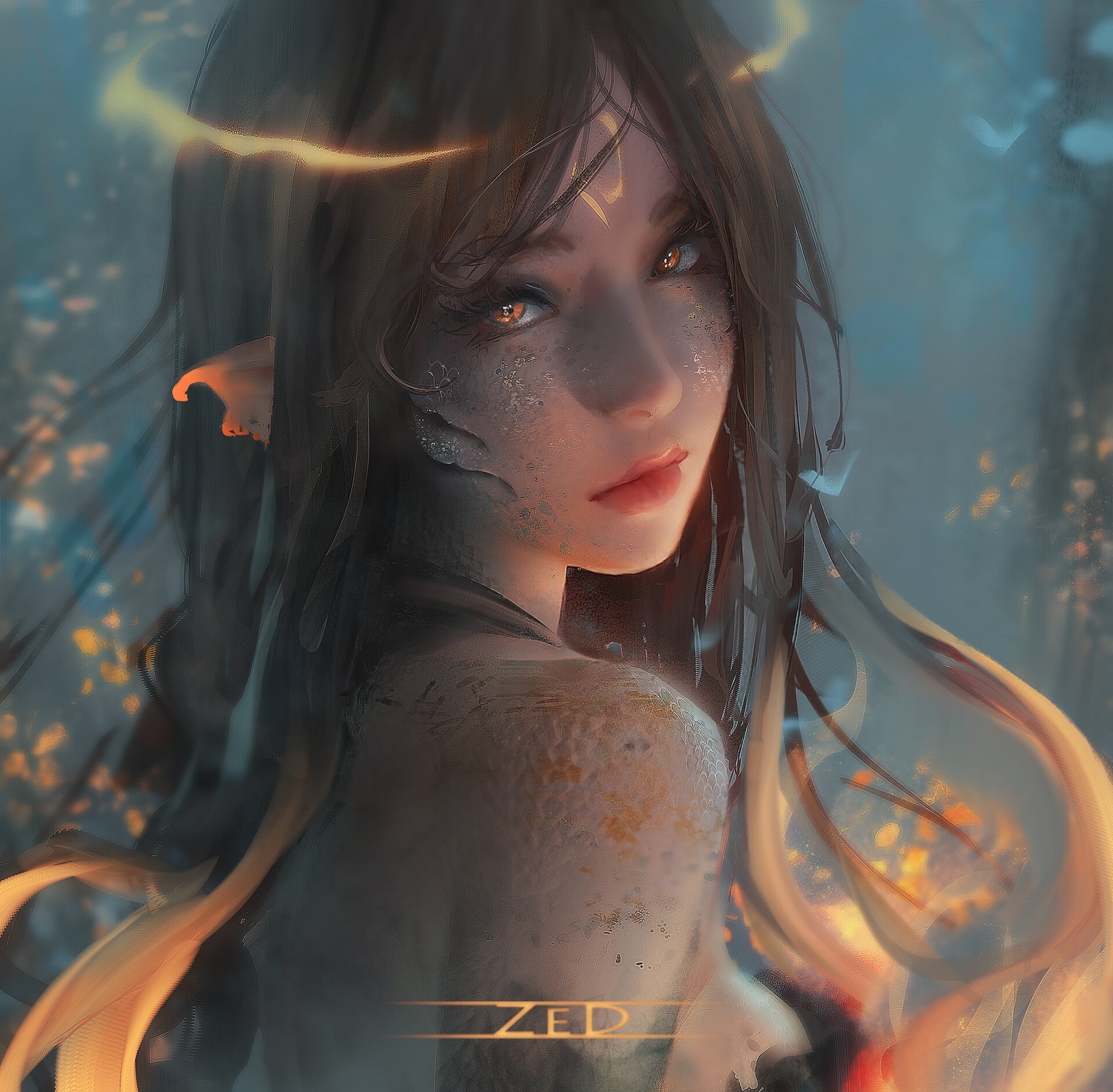 scales, portrait, drawing, underwater, 1080P, Trungbui, brunette, women, goldfish, HD Wallpaper
