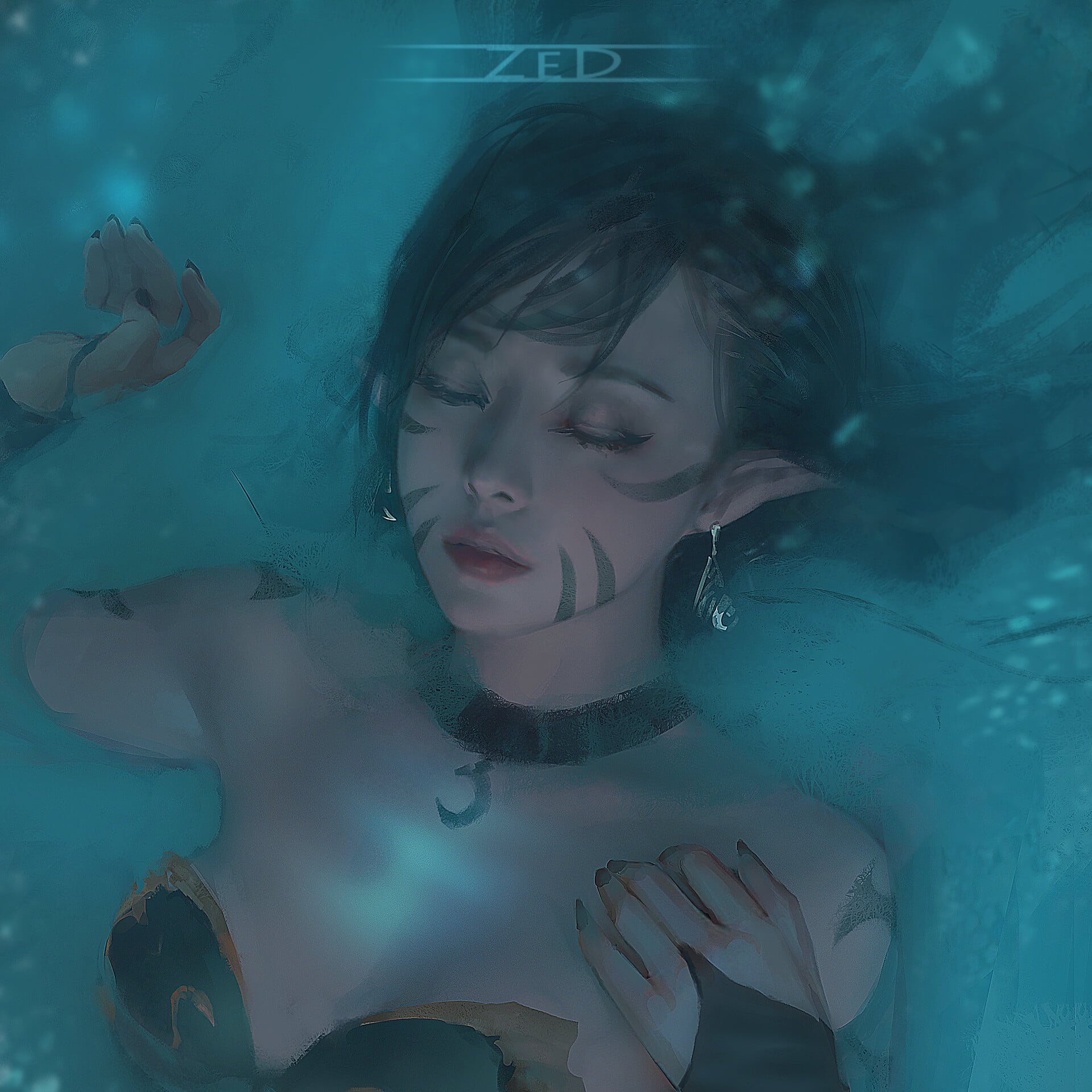 women, sleeping, pointy ears, drawing, Trungbui, elves, face paint, closed eyes, water, 1080P, Phone HD Wallpaper