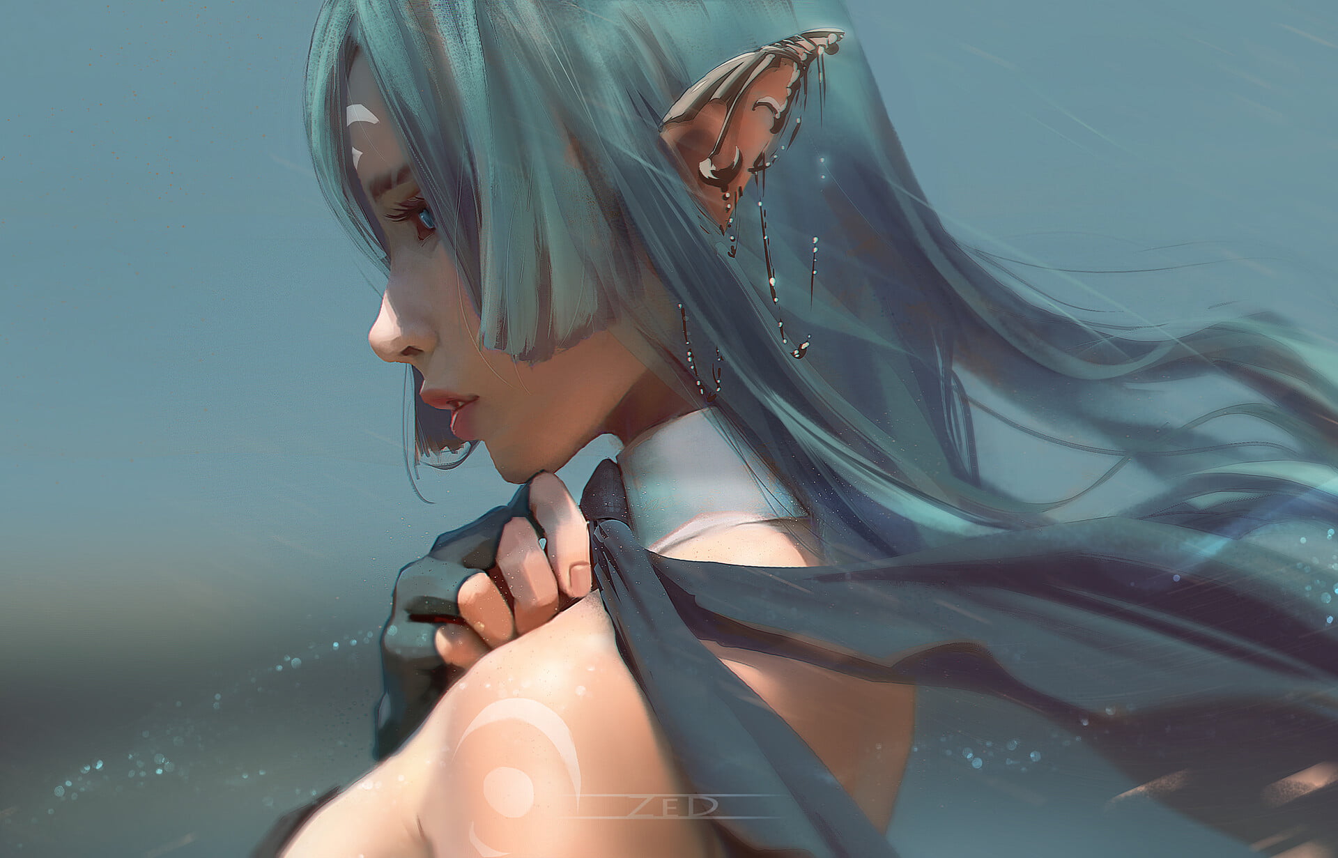 gradient, blue eyes, long hair, drawing, looking away, elves, Trungbui, women, portrait, blue hair, 1080P, HD Wallpaper