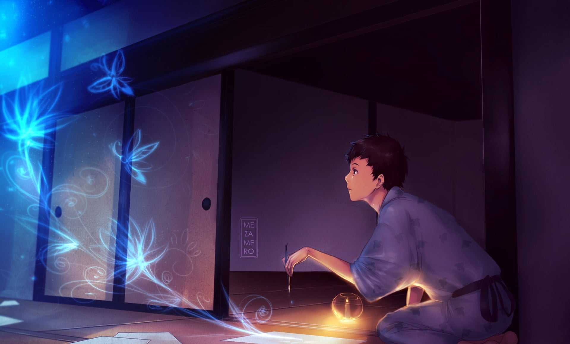 pen, technology, light - natural phenomenon, brush, waist up, room, music, fantasy, black, draws, occupation, guy, illuminated, flowers, candle, women, HD Wallpaper