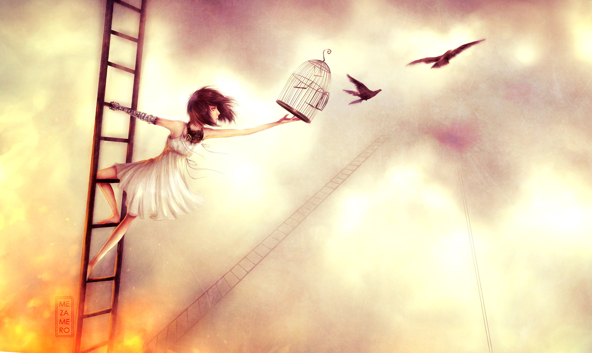 mezamero, dress, cage, bird, mask, sky, original, animal, short, brown, hair, 1080P, barefoot, fire, HD Wallpaper