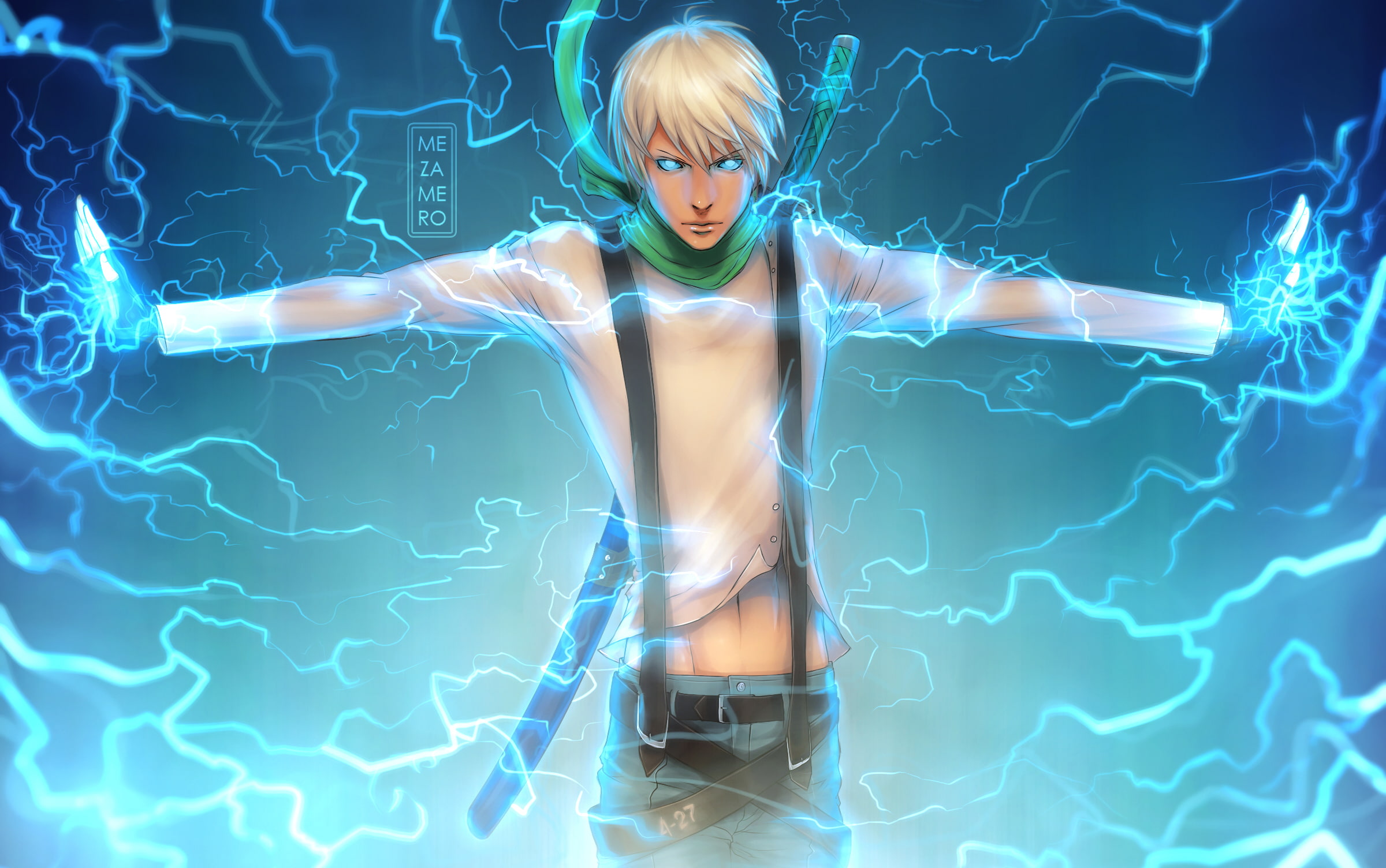 scarf, 1080P, zipper, mezamero, guy, art, sword, HD Wallpaper