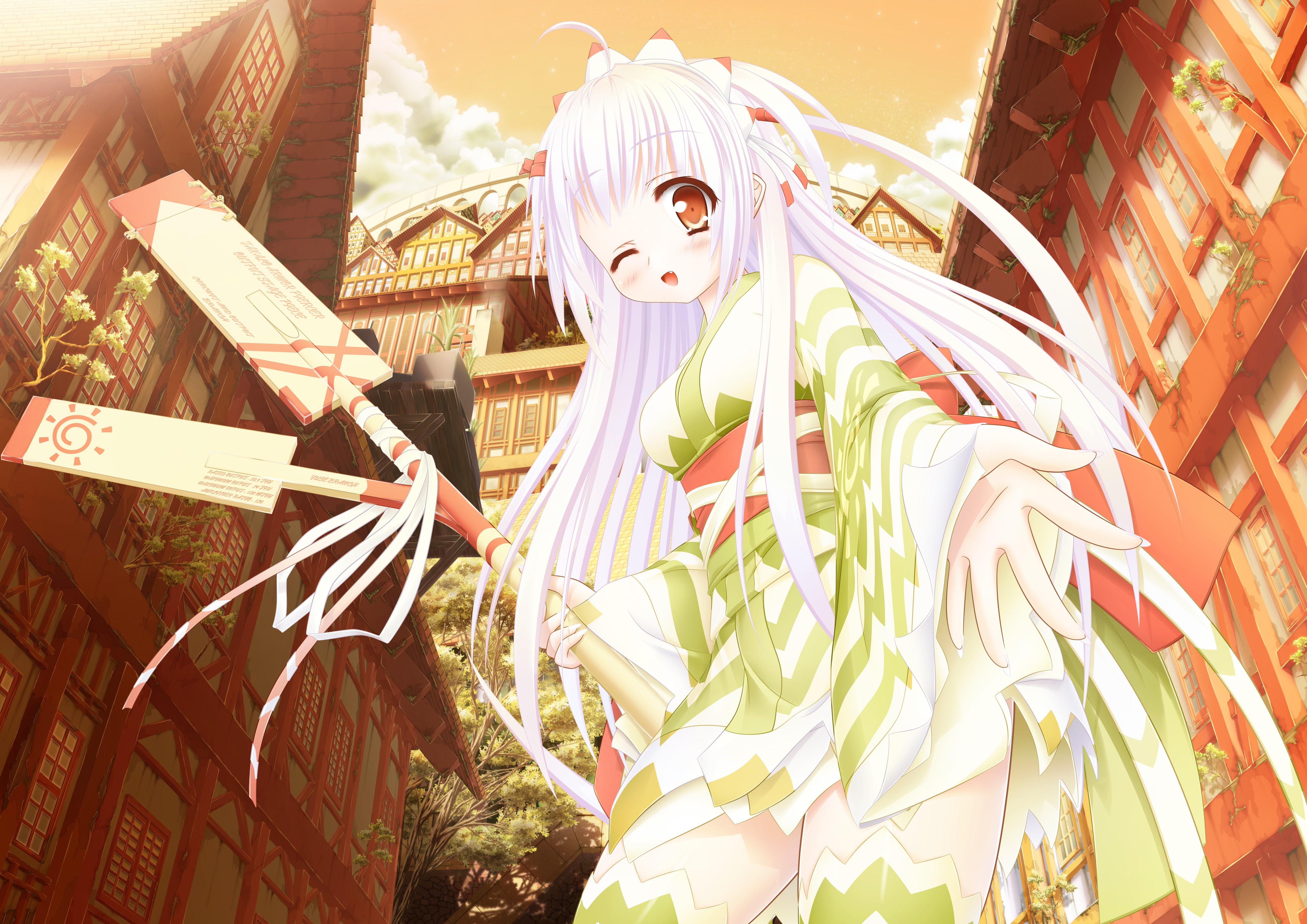original characters, hair, 4K, girls, anime, white hair, anime girls, 4677x3307, white, yukata, winking, original, characters, HD Wallpaper