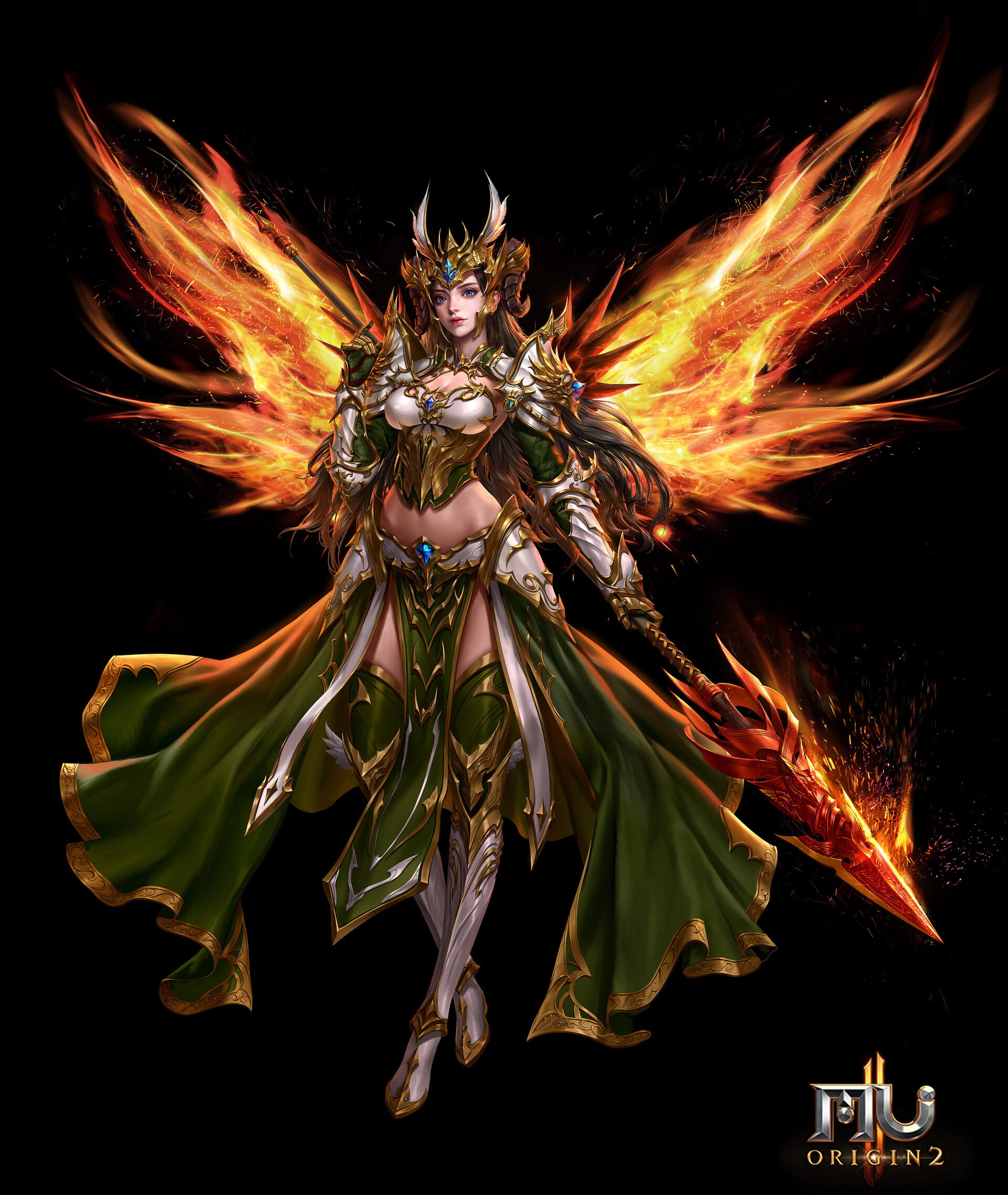 1080P, warrior, women, wings, fire, black background, drawing, armor, simple background, spear, Jungmin Jin, magic, Phone HD Wallpaper