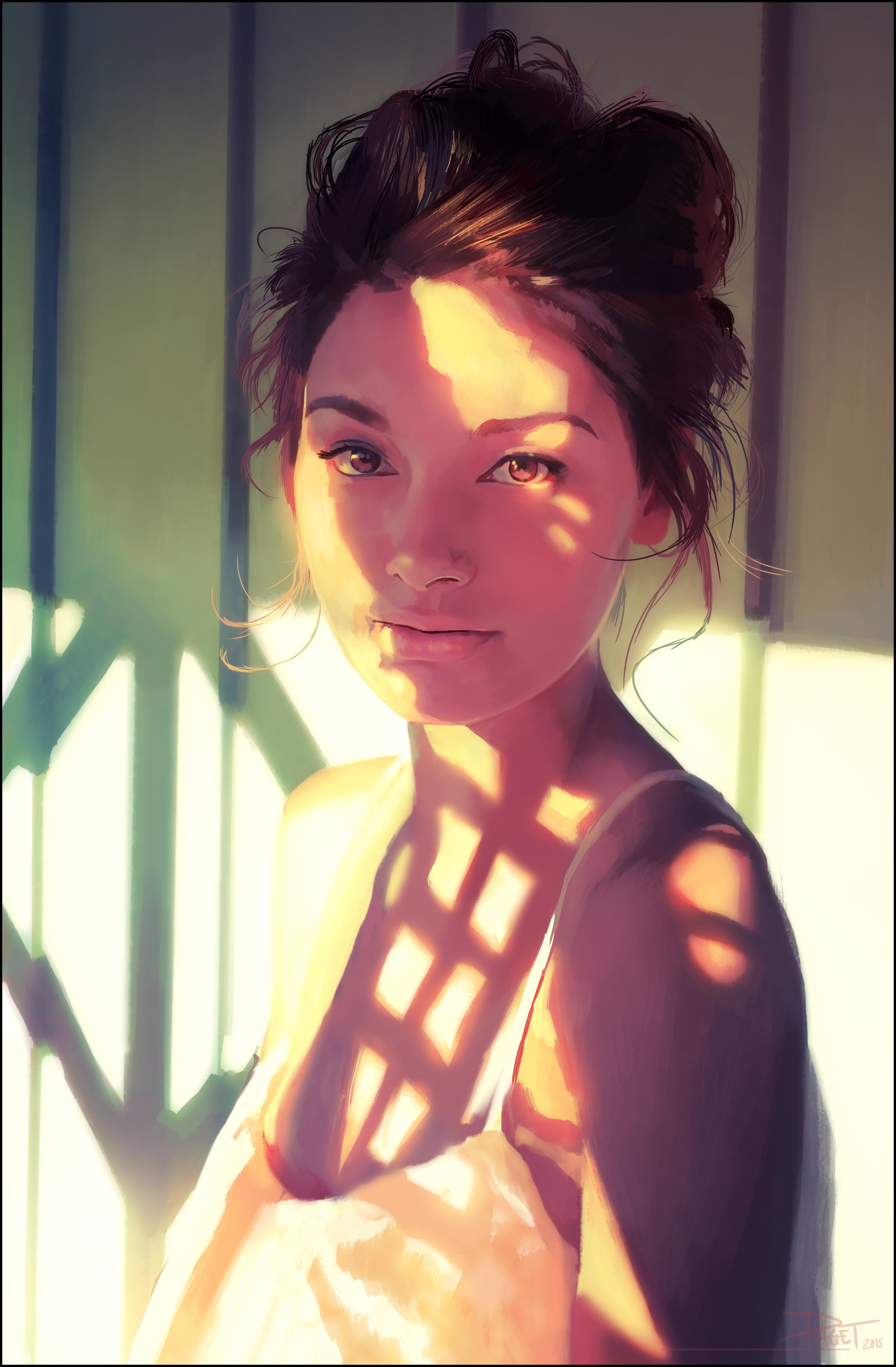 ArtStation, dappled sunlight, digital art, messy hair, David Paget, 2K, sunlight, women, looking at viewer, artwork, portrait, brunette, portrait display, Phone HD Wallpaper