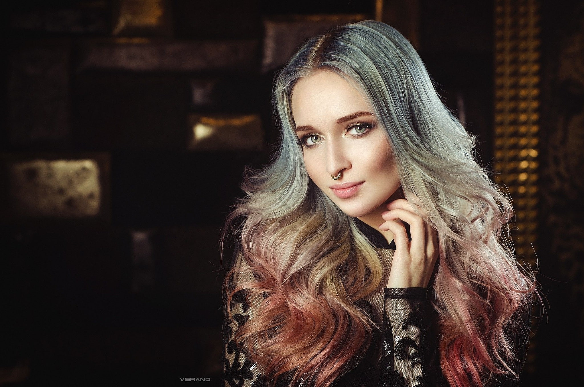Alberta Ushakova, dyed hair, blonde, portrait, face, women, 1080P, nose rings, HD Wallpaper
