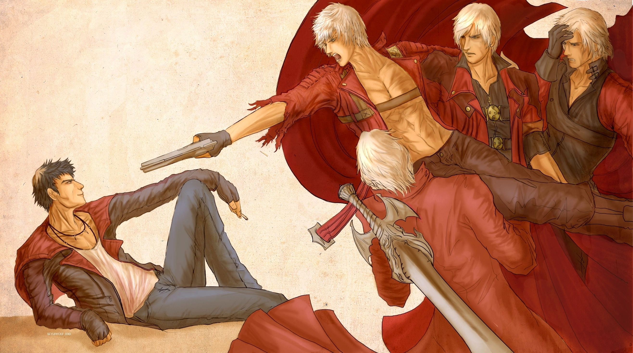 Weapon, Black Hair, Glove, Dante (Devil May Cry), Handgun, Smile, DmC: Devil may cry, 2K, Gun, Devil May Cry, White Hair, Sword, Pistol, Necklace, Coat, HD Wallpaper
