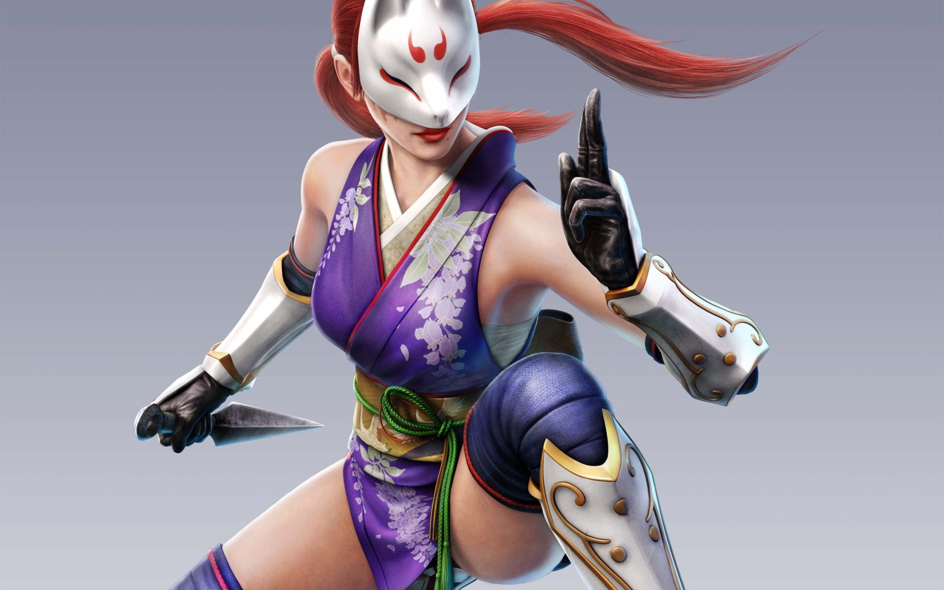 Weapon, Kimono, Long Hair, Woman, Kunimitsu (Tekken), Thigh Highs, Glove, Tekken, 1080P, Mask, Belt, Red Hair, HD Wallpaper