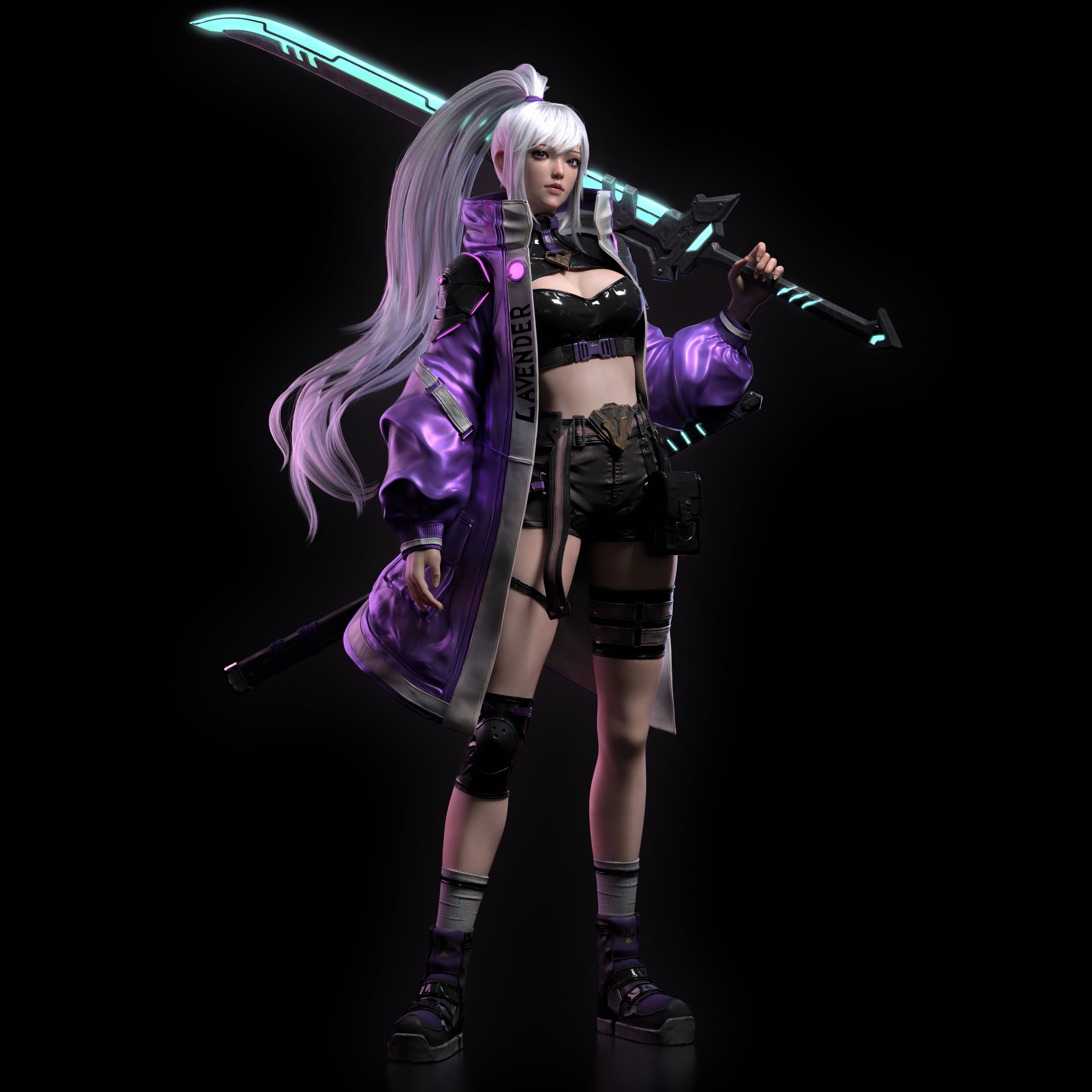 dark, 4K, CGI, weapon, silver hair, glowing, neon glow, purple clothing, Cifangyi, katana, warrior, socks, long hair, ponytail, women, Phone HD Wallpaper