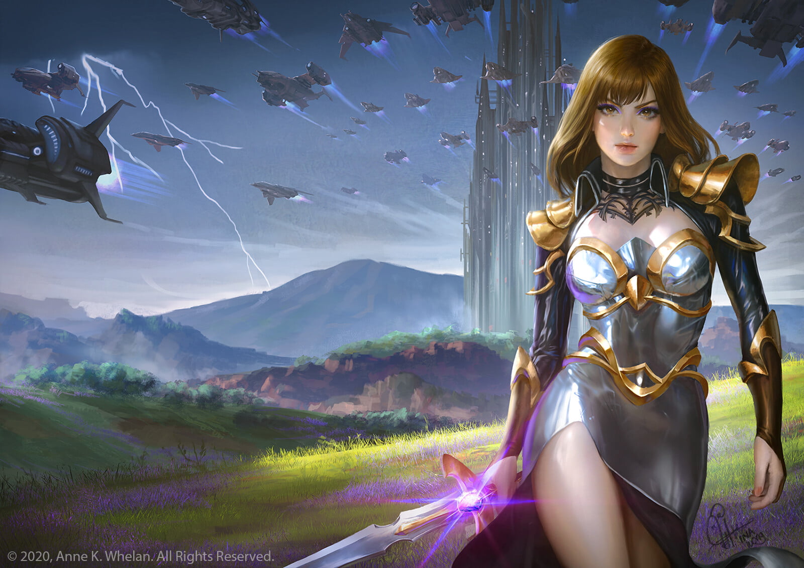 science fiction, fantasy art, drawing, makeup, weapon, Ina Wong, brunette, sword, women, armor, 720P, walking, HD Wallpaper