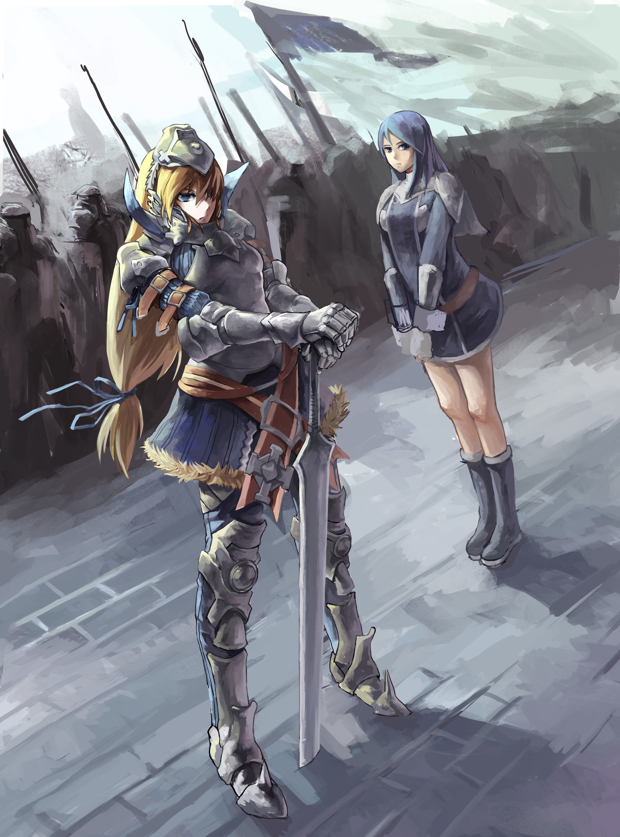 lifestyles, fantasy girl, standing, full length, silver colored, anime girls, nature, long hair, men, outdoors, activity, armor, three people, young adult, Phone HD Wallpaper