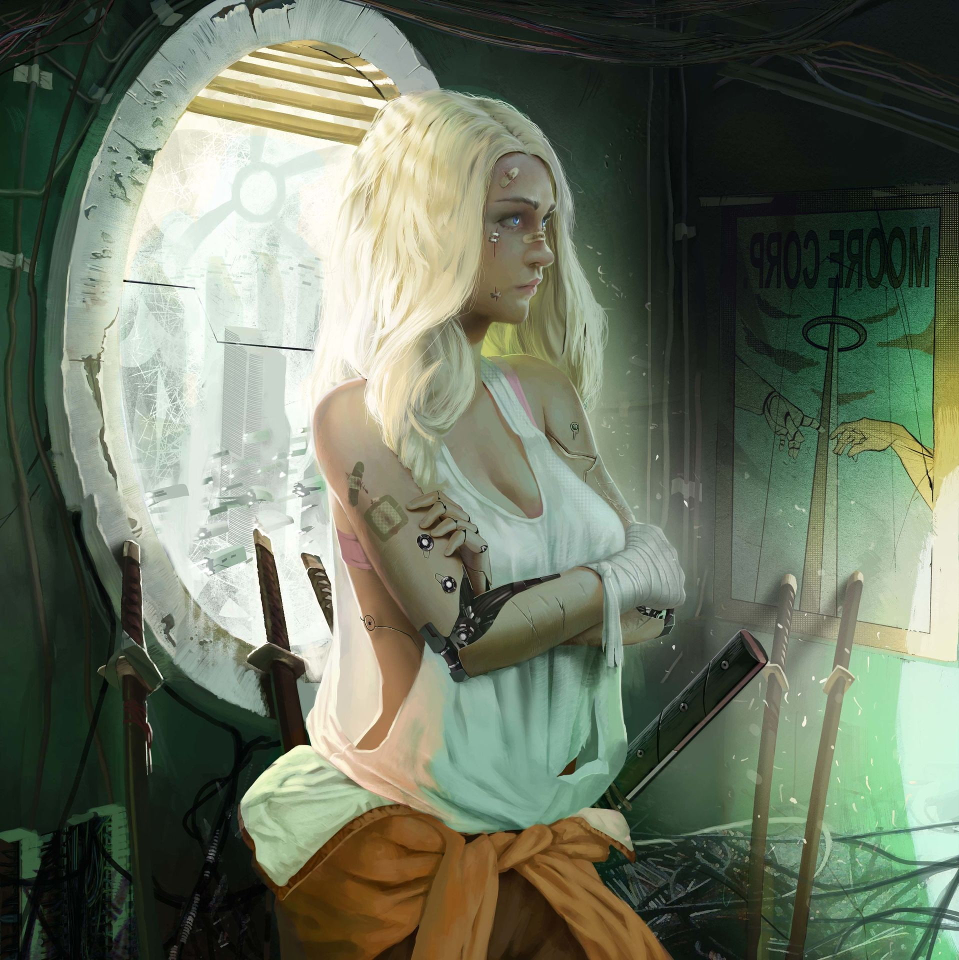 drawing, warrior, blonde, sword, women, 1080P, katana, robotic, Phone HD Wallpaper