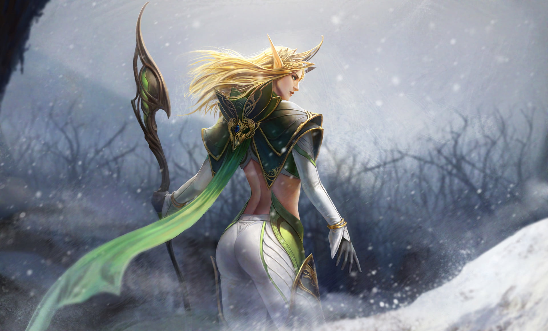 cape, elves, wind, armor, magician, snowing, green clothing, women, staff, drawing, long hair, 1080P, white clothing, helmet, TaeKwon Kim, pointy ears, HD Wallpaper