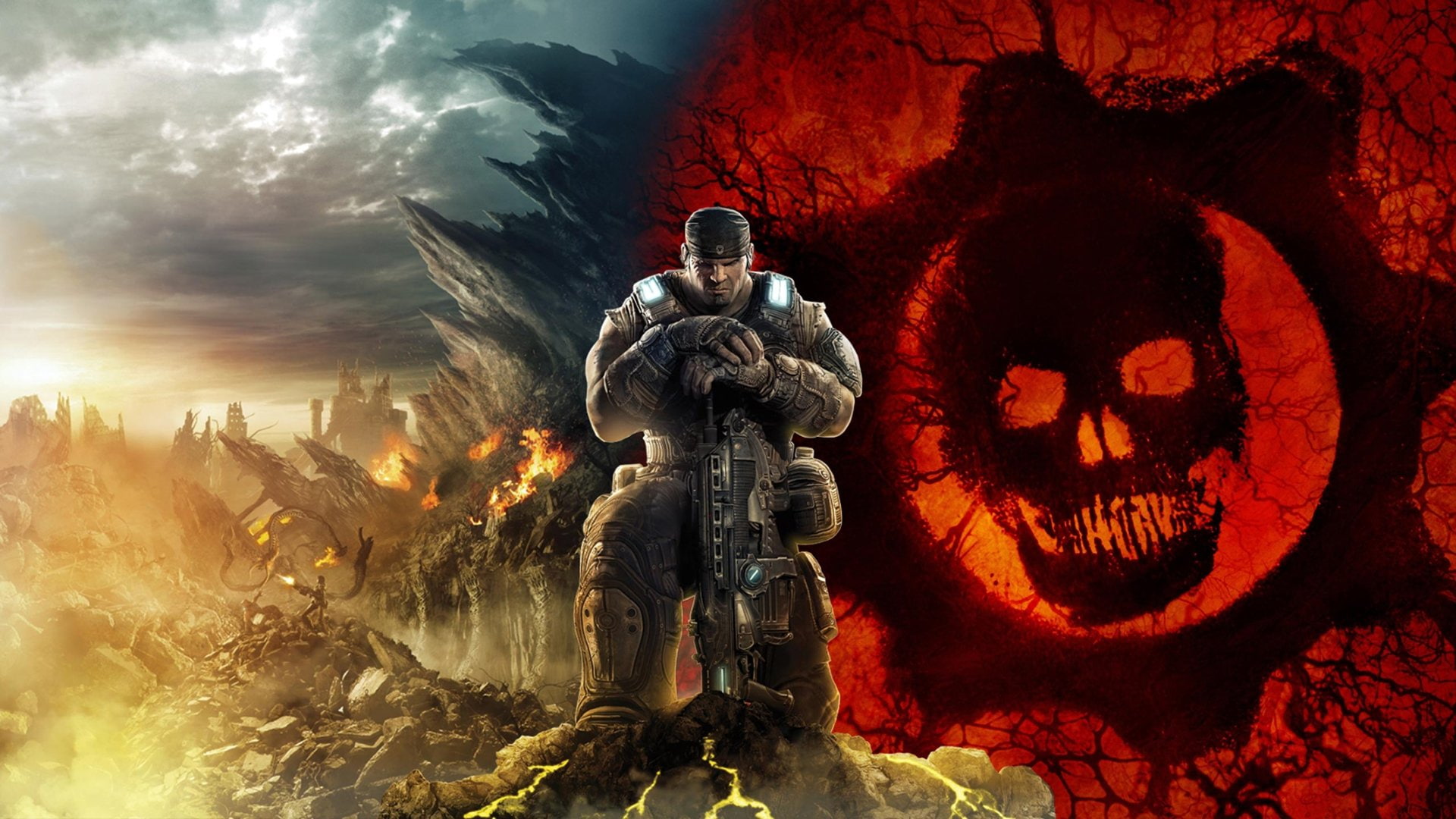 Army, Gears of War, helmet, silhouette, Skull, representation, illuminated, Machine Gun, 1080P, creativity, human representation, architecture, armed forces, HD Wallpaper
