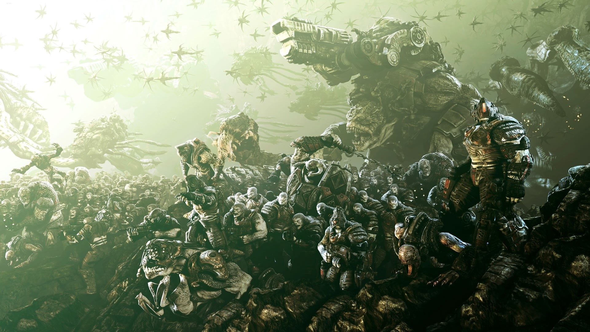 outdoors, day, lake, Monsters, 1080P, Birds, animals in the wild, nature, art and craft, uniform, Gears of war, armed forces, group of people, government, HD Wallpaper