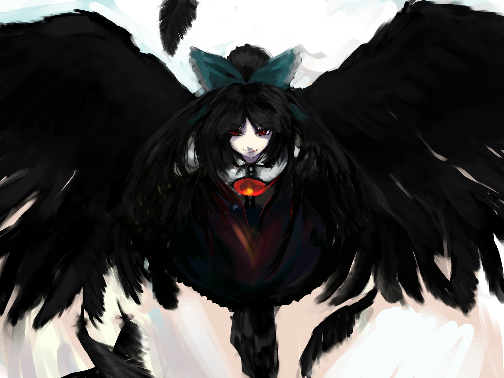 wings, sinzan, touhou, 1080P, utsuho, reiuji, feathers, HD Wallpaper