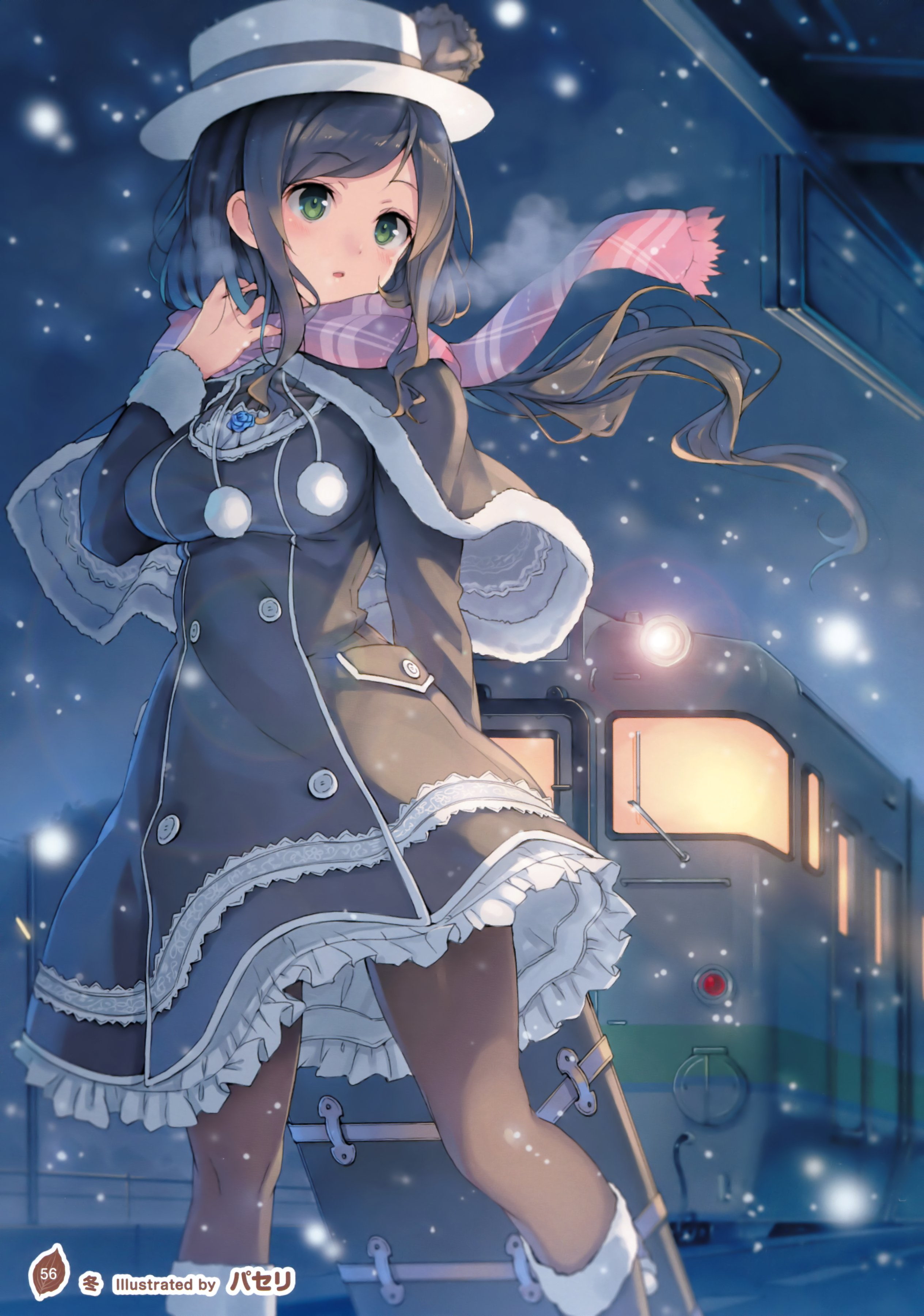 2K, snow, girl, train, long, cute, hair, anime, winter, paseri, beautiful, Phone HD Wallpaper