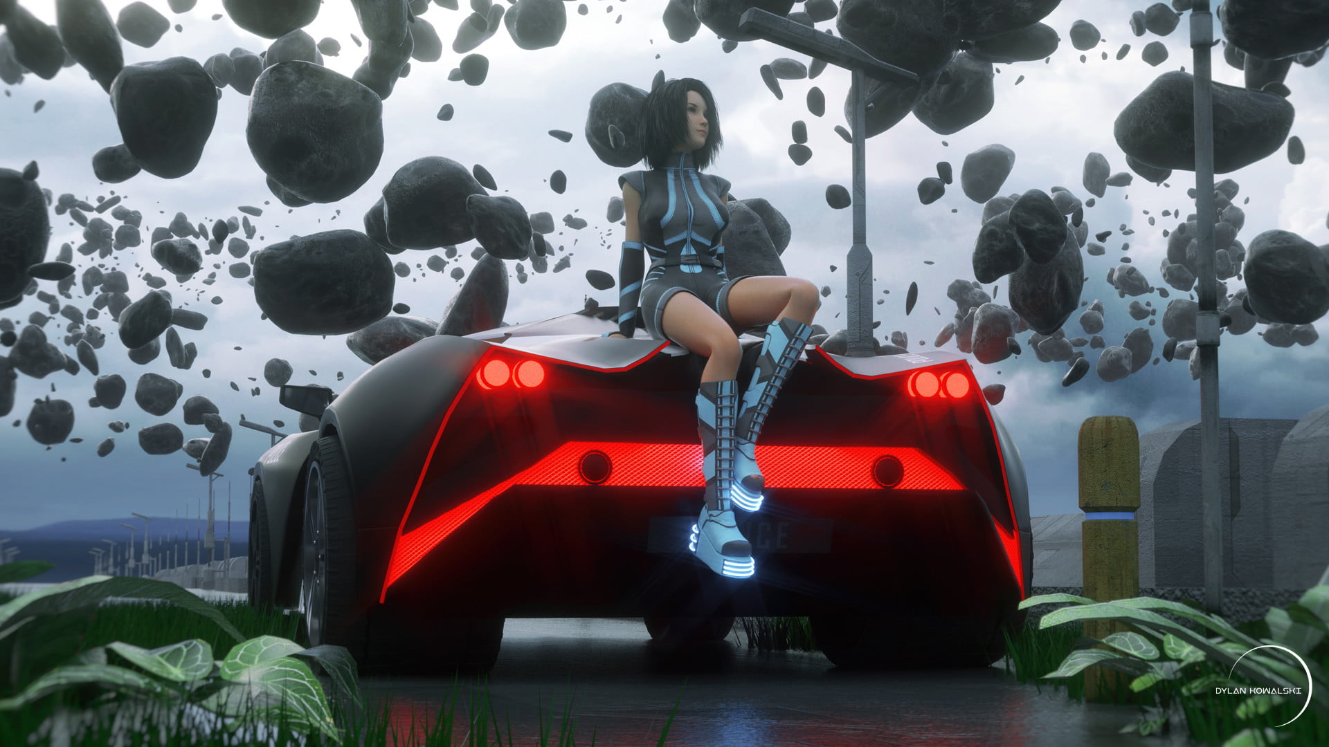 neon glow, looking away, women, rocks, short hair, straight hair, floating, stripes, bodysuit, elbow gloves, car, boots, plants, stones, black clothing, HD Wallpaper